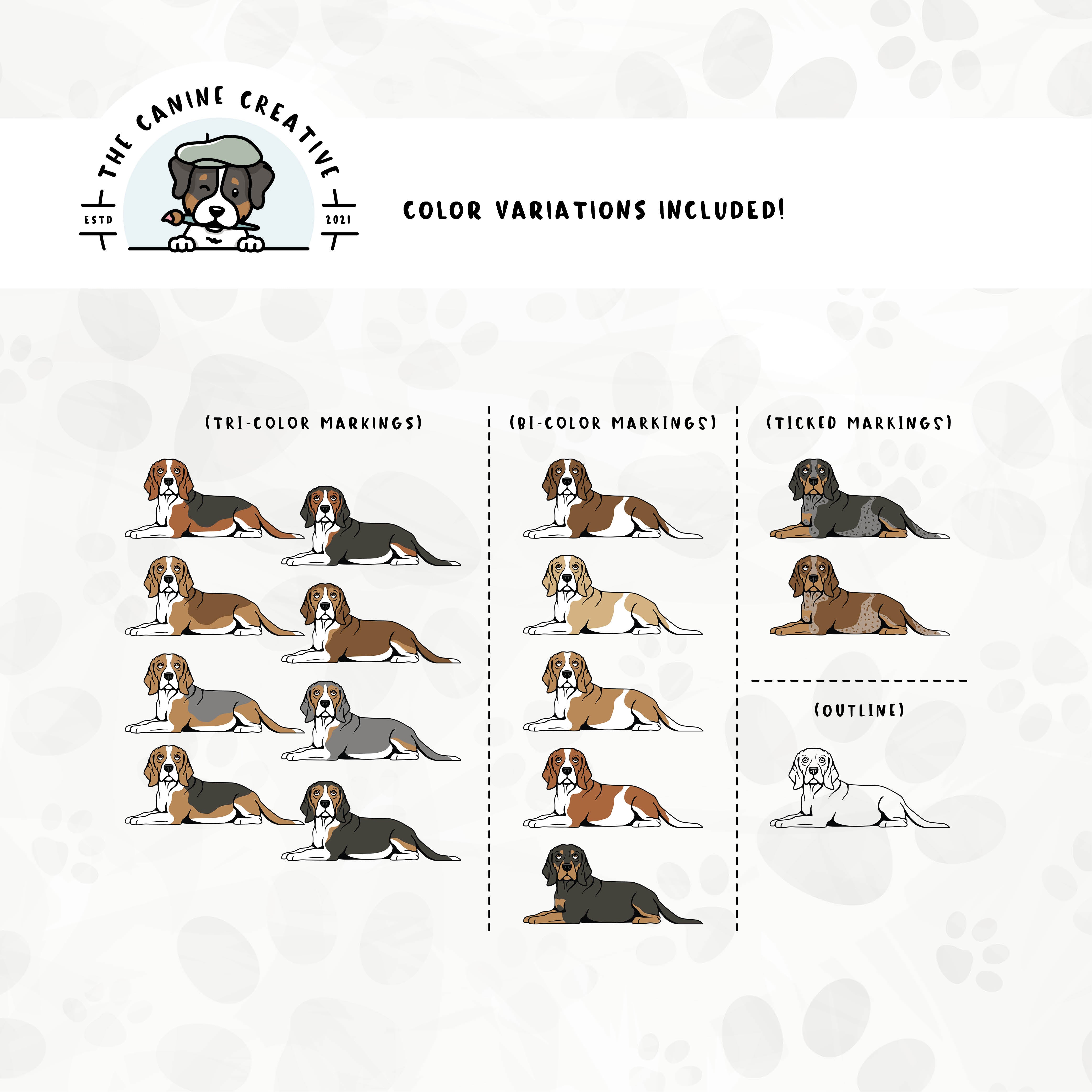 Dog color variations for this design set includes common color and marking variations found in Beagles (bi-color, tri-color, and ticked), as well as an outline option. 