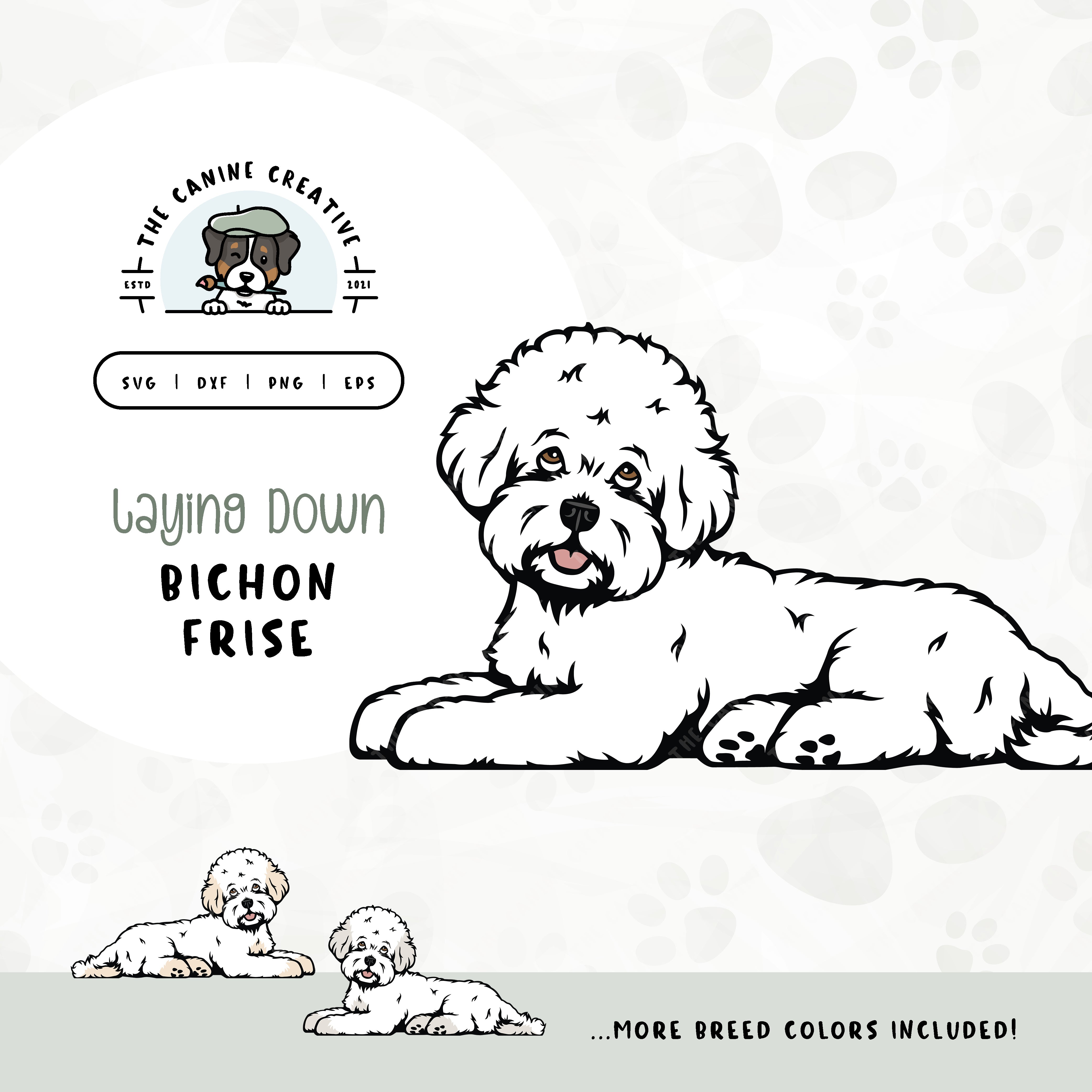 This laying down dog design features a Bichon Frise. File formats include: SVG, DXF, PNG, and EPS.