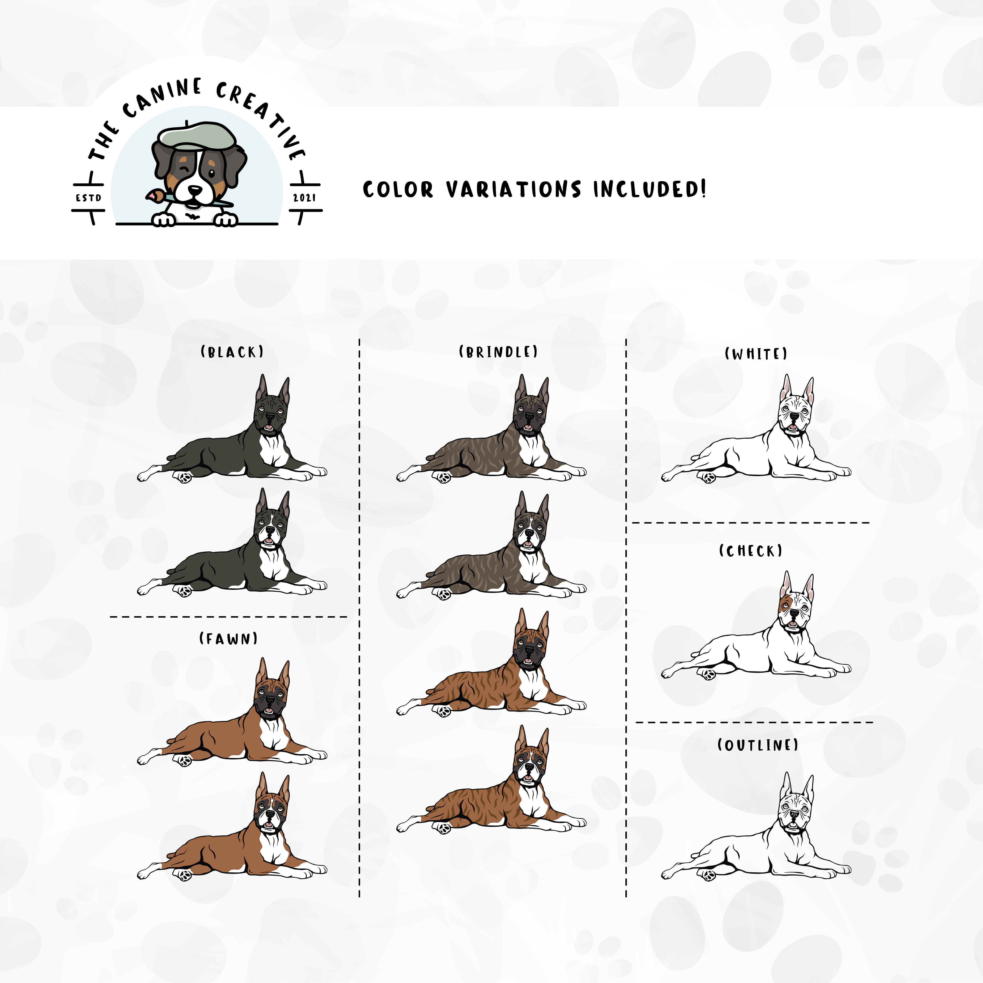 Dog color variations for this Boxer dog design set includes common color and marking variations found in this breed (white, fawn, black, brindle, flashy, classic, and check), as well as an outline option.