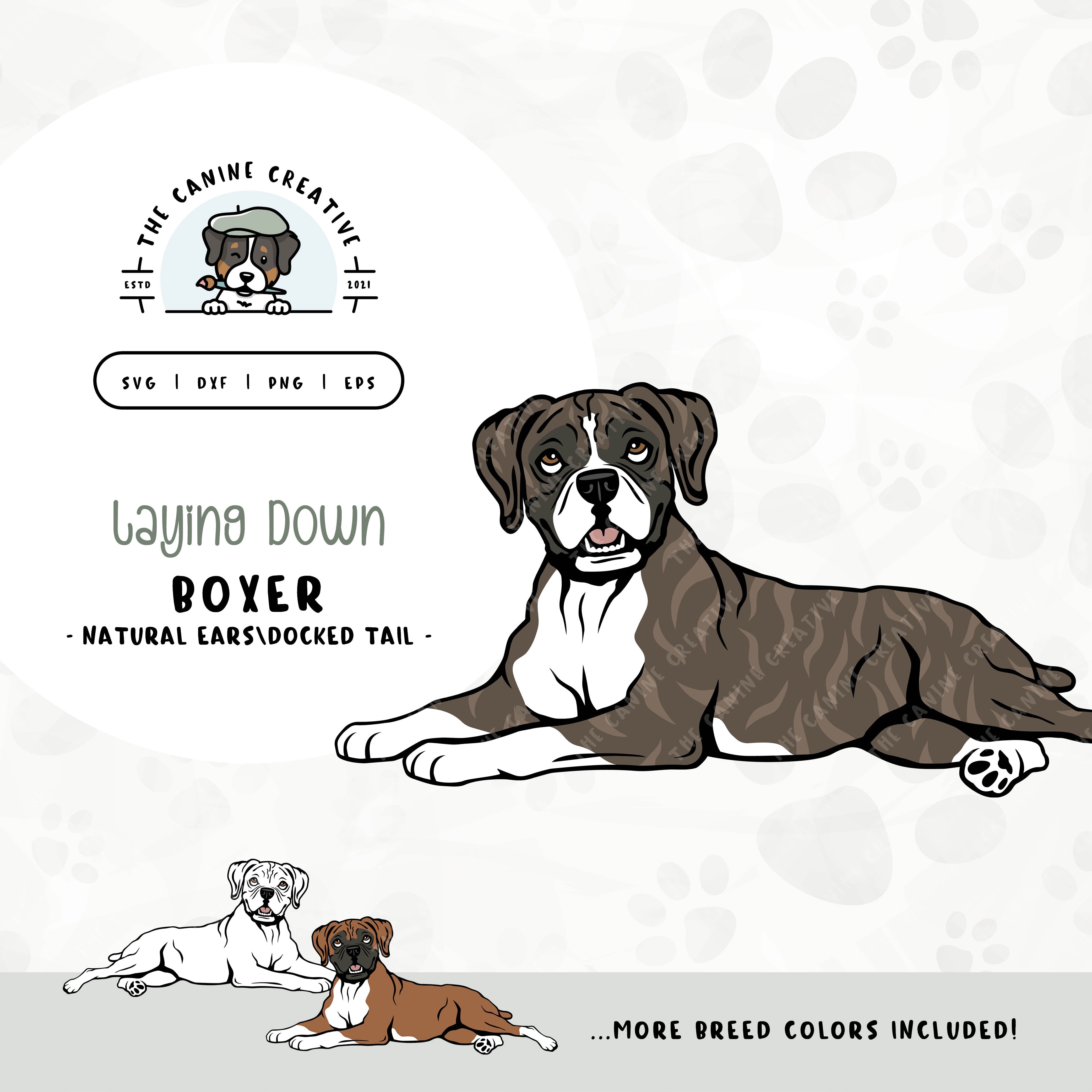 This laying down dog design features a Boxer dog with floppy ears and a docked tail. File formats include: SVG, DXF, PNG, and EPS.