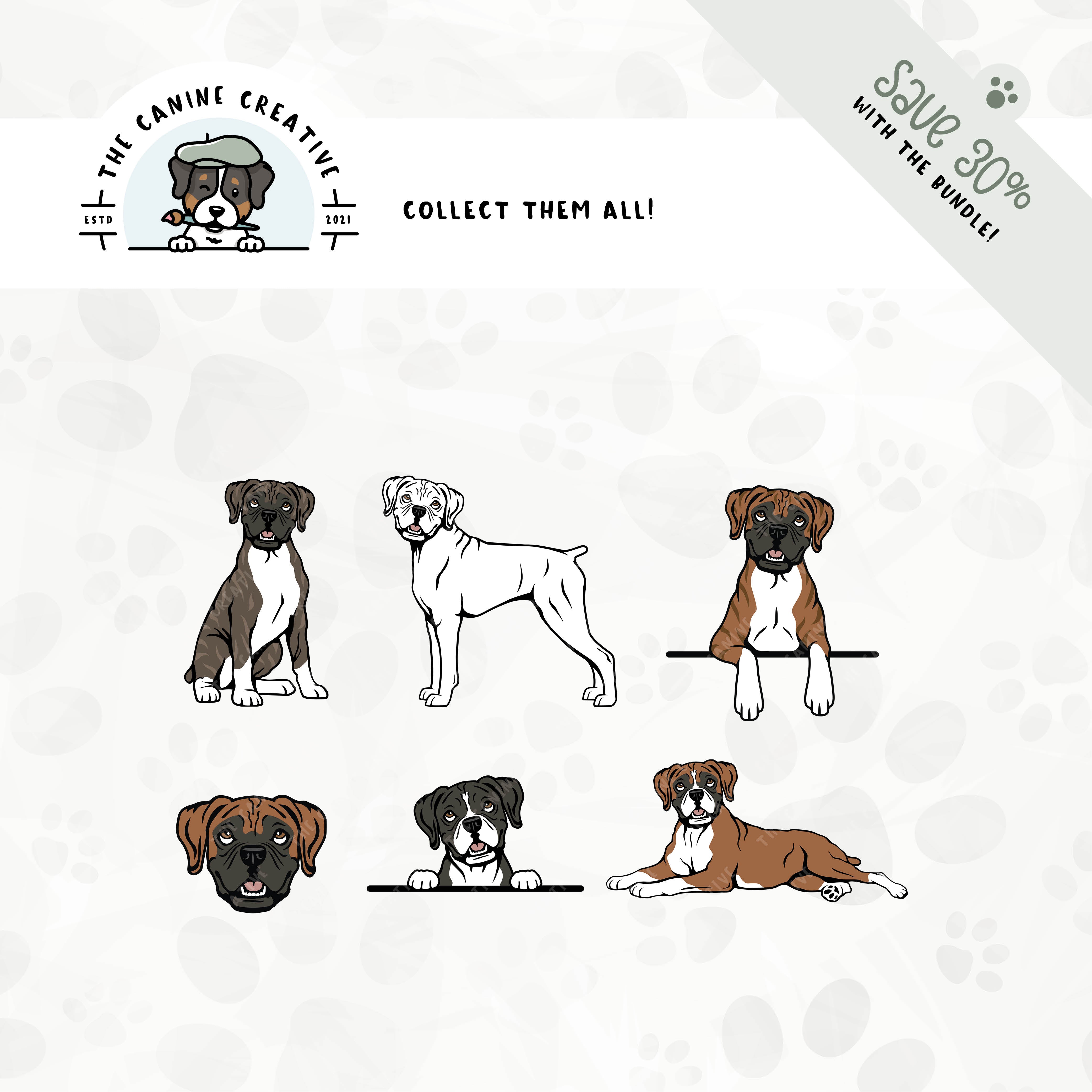 Save 30% with our related 6-pack Boxer dog (floppy ear/docked tail edition) design bundle!