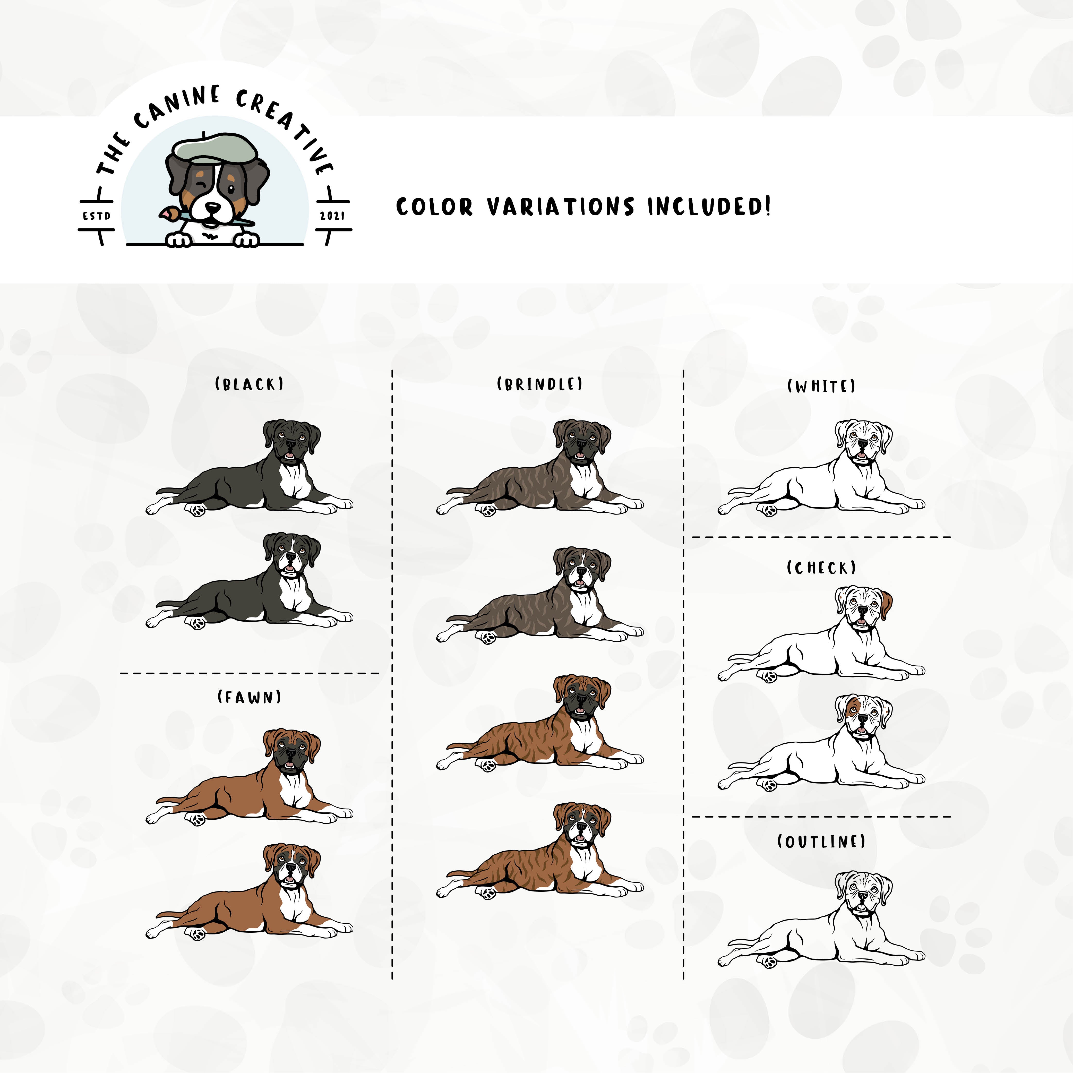 Dog color variations for this Boxer dog design set includes common color and marking variations found in this breed (white, fawn, black, brindle, flashy, classic, and check), as well as an outline option.