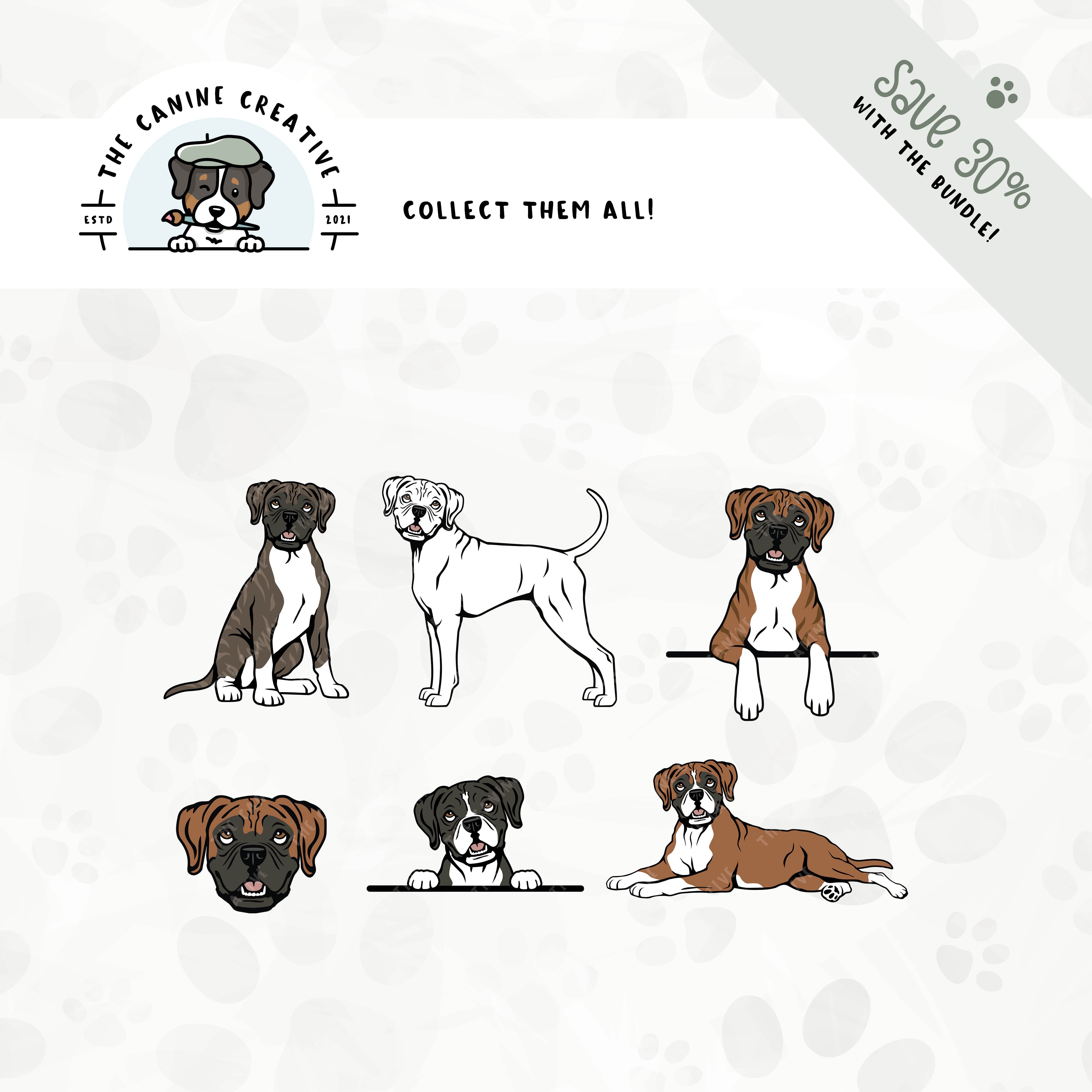Save 30% with our related 6-pack Boxer dog (floppy ear/long tail edition) design bundle!