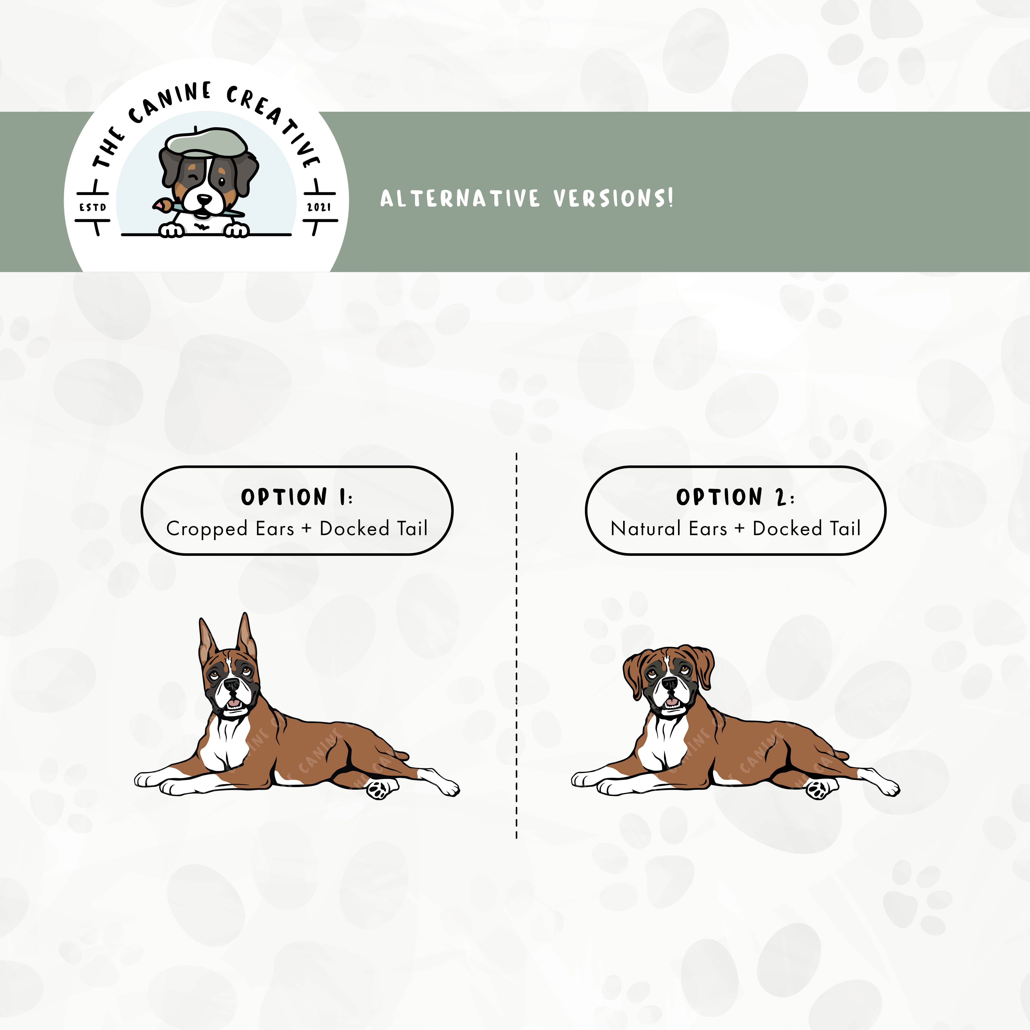 Alternative floppy ear/docked tail or cropped ear/docked tail editions are also available for this Boxer dog design.