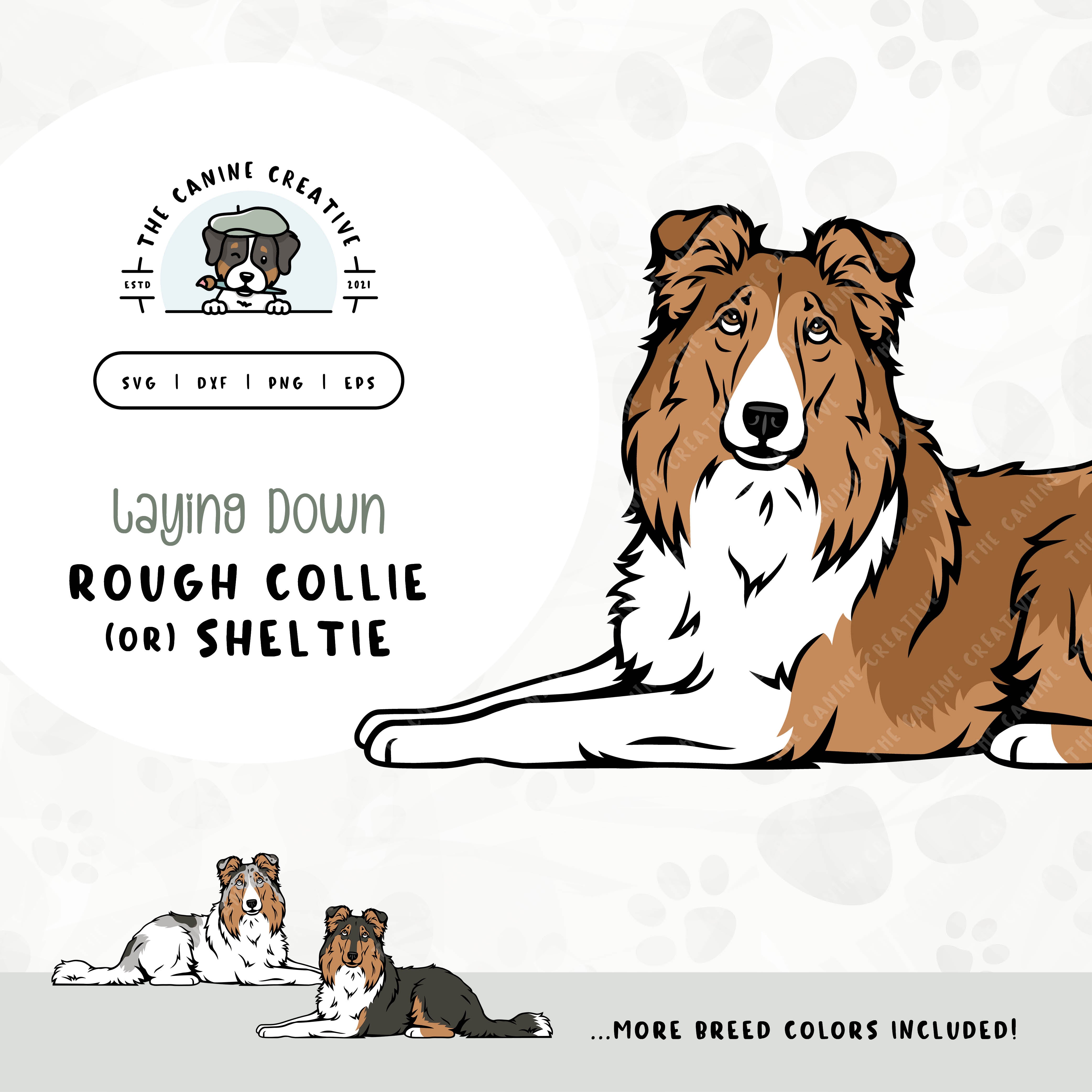 This hand-drawn, illustrated design bundle features various colors of laying down Rough Collies or Shetland Sheepdogs. File formats include: SVG, DXF, PNG, and EPS.