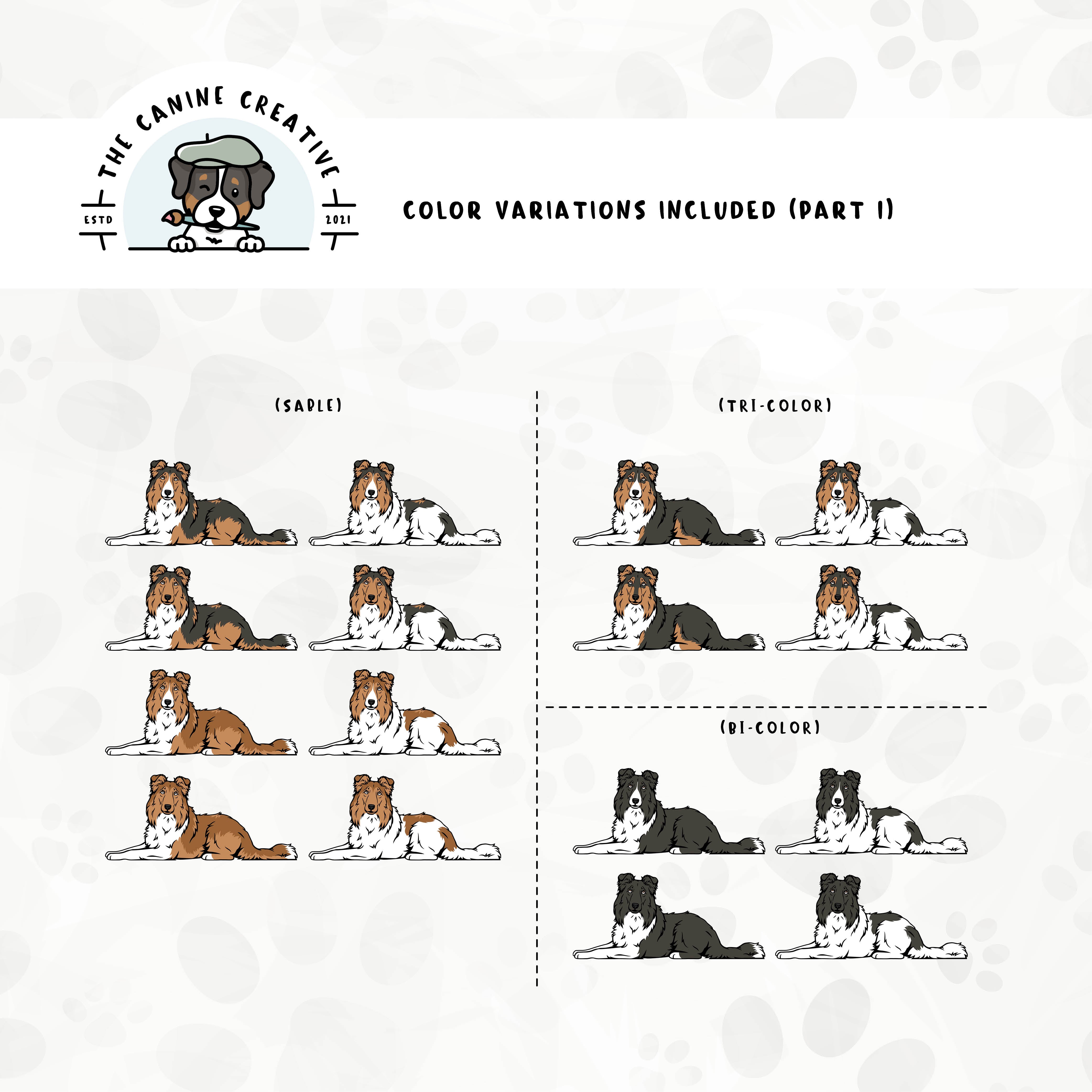 Part 1 of dog color variations for this design bundle includes bi-black, sable, and tri-color in standard and white-factored markings.