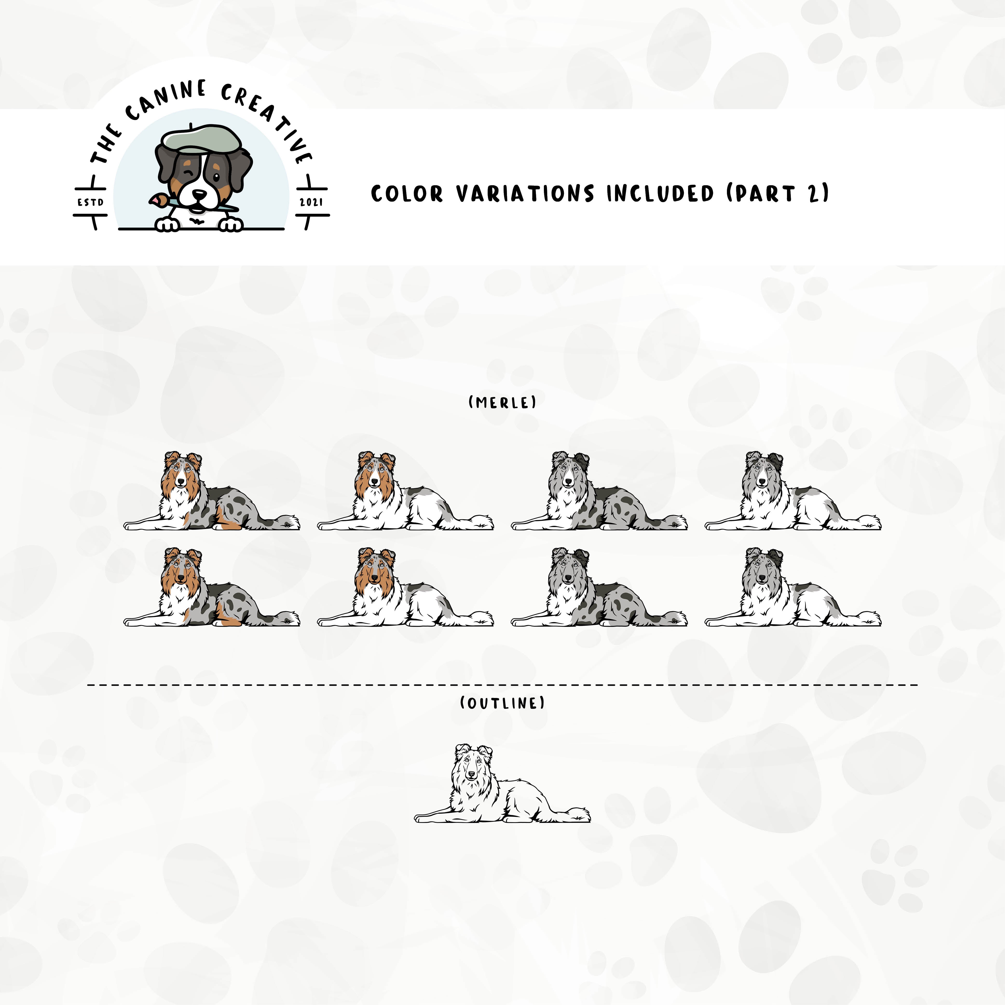 Part 2 of dog color variations for this design bundle includes bi-blue and merle in standard and white-factored markings as well as an outline version.