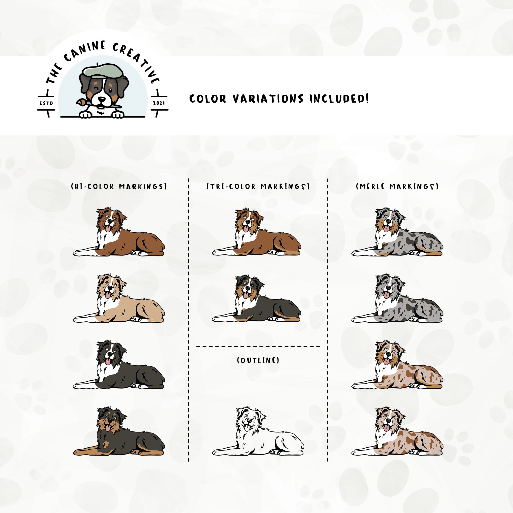 Dog color variations for this design set includes common color and marking variations found in Aussies (bi, tri, and Merle), as well as an outline option. 
