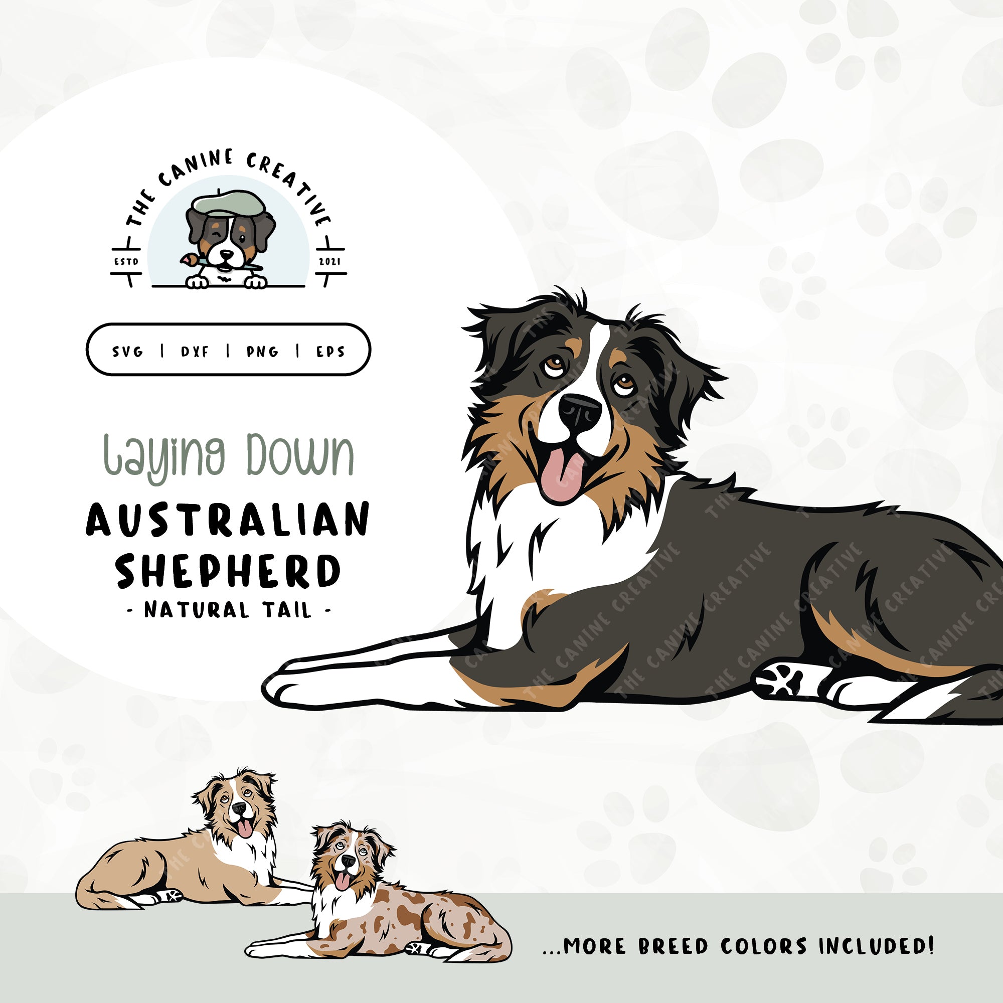 This laying down dog design features an Australian Shepherd with a long tail. File formats include: SVG, DXF, PNG, and EPS.