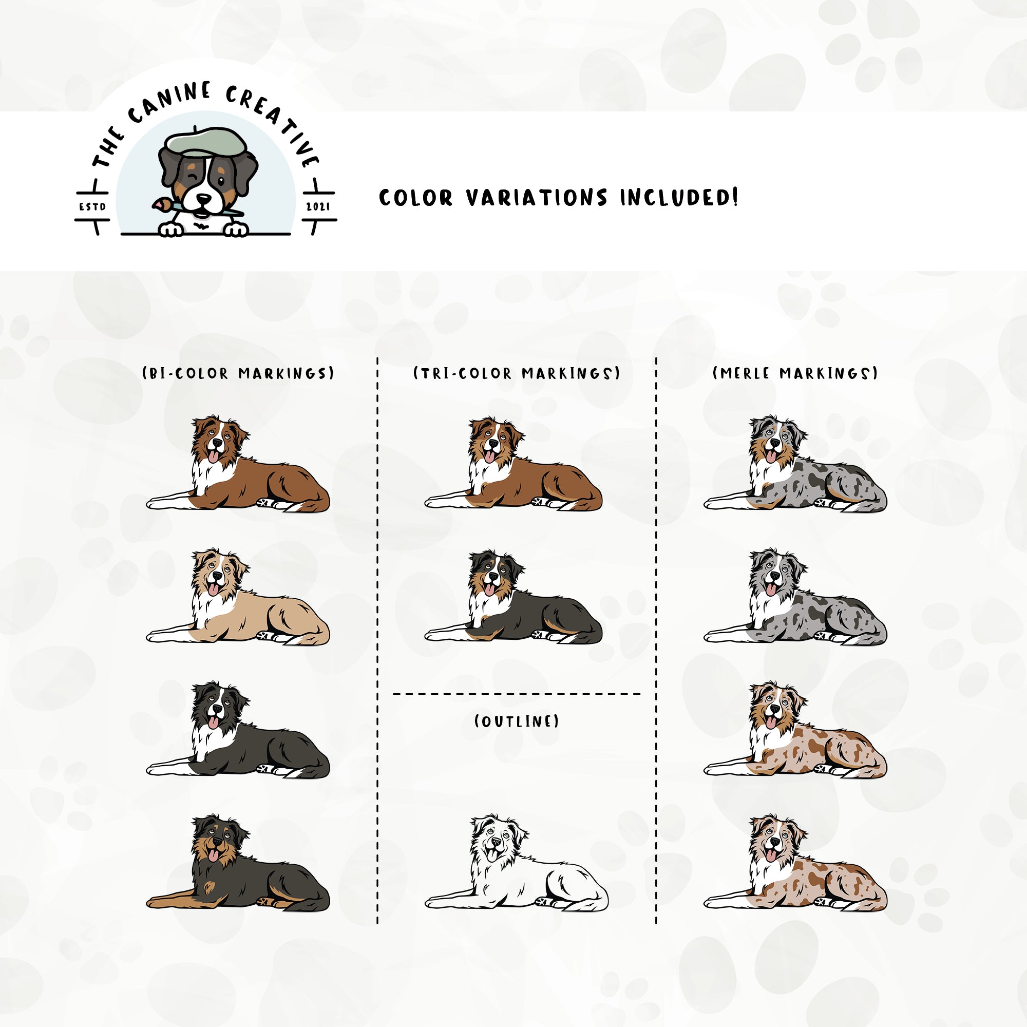 Dog color variations for this design set includes common color and marking variations found in Aussies (bi, tri, and Merle), as well as an outline option. 