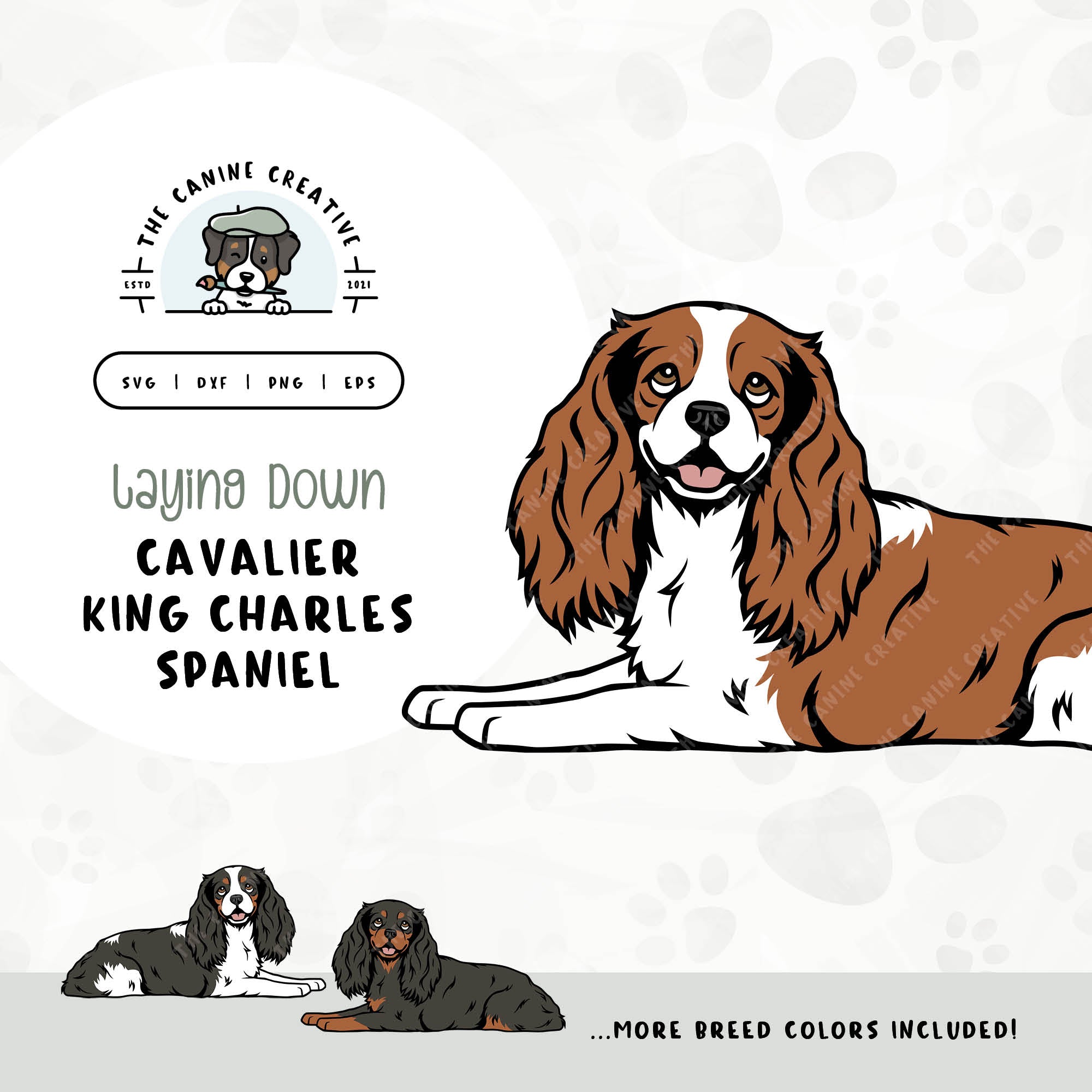 This laying down dog design features a Cavalier King Charles Spaniel. File formats include: SVG, DXF, PNG, and EPS.
