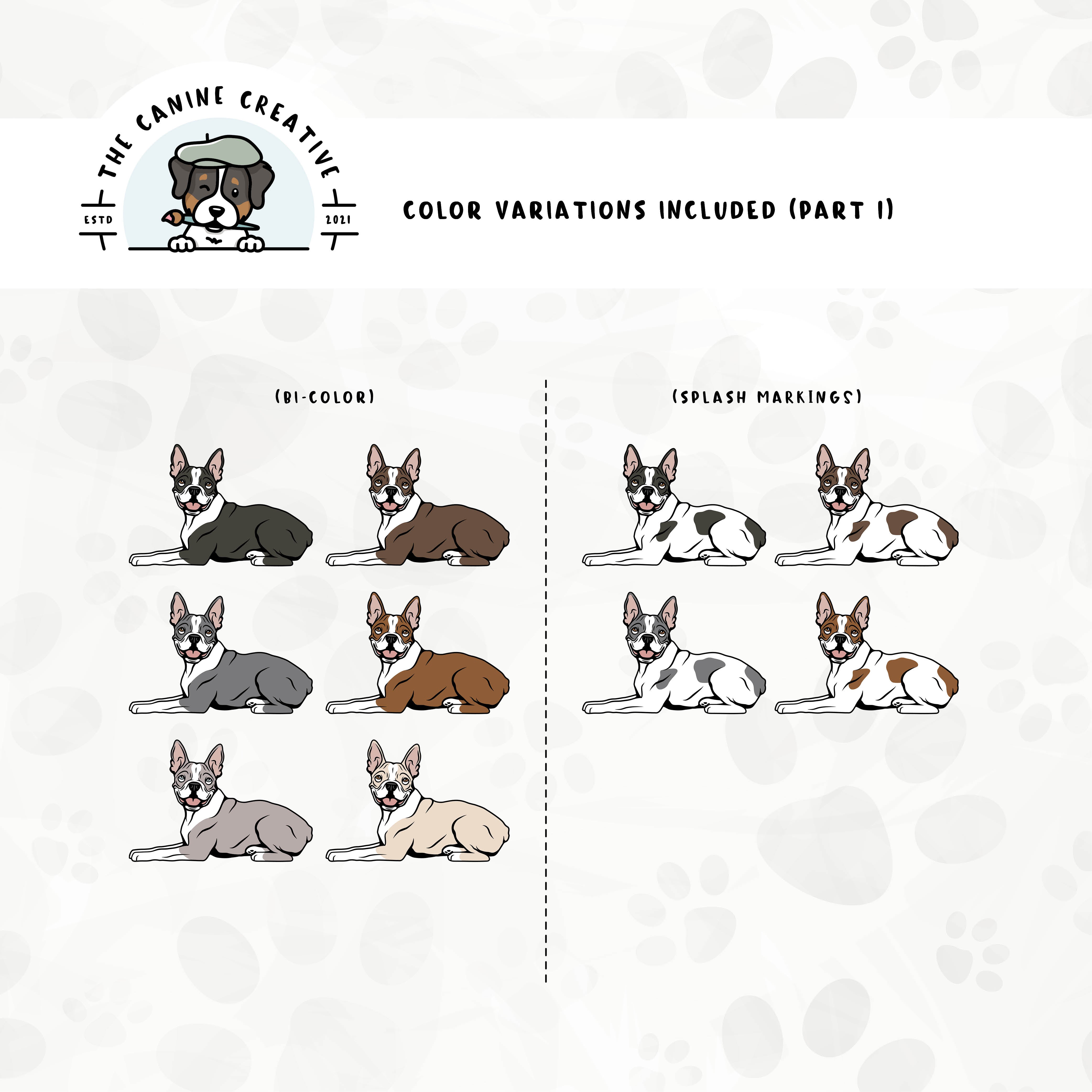 Part 1 of dog color variations for this Boston design set includes multiple bi-color options in standard and splash markings.