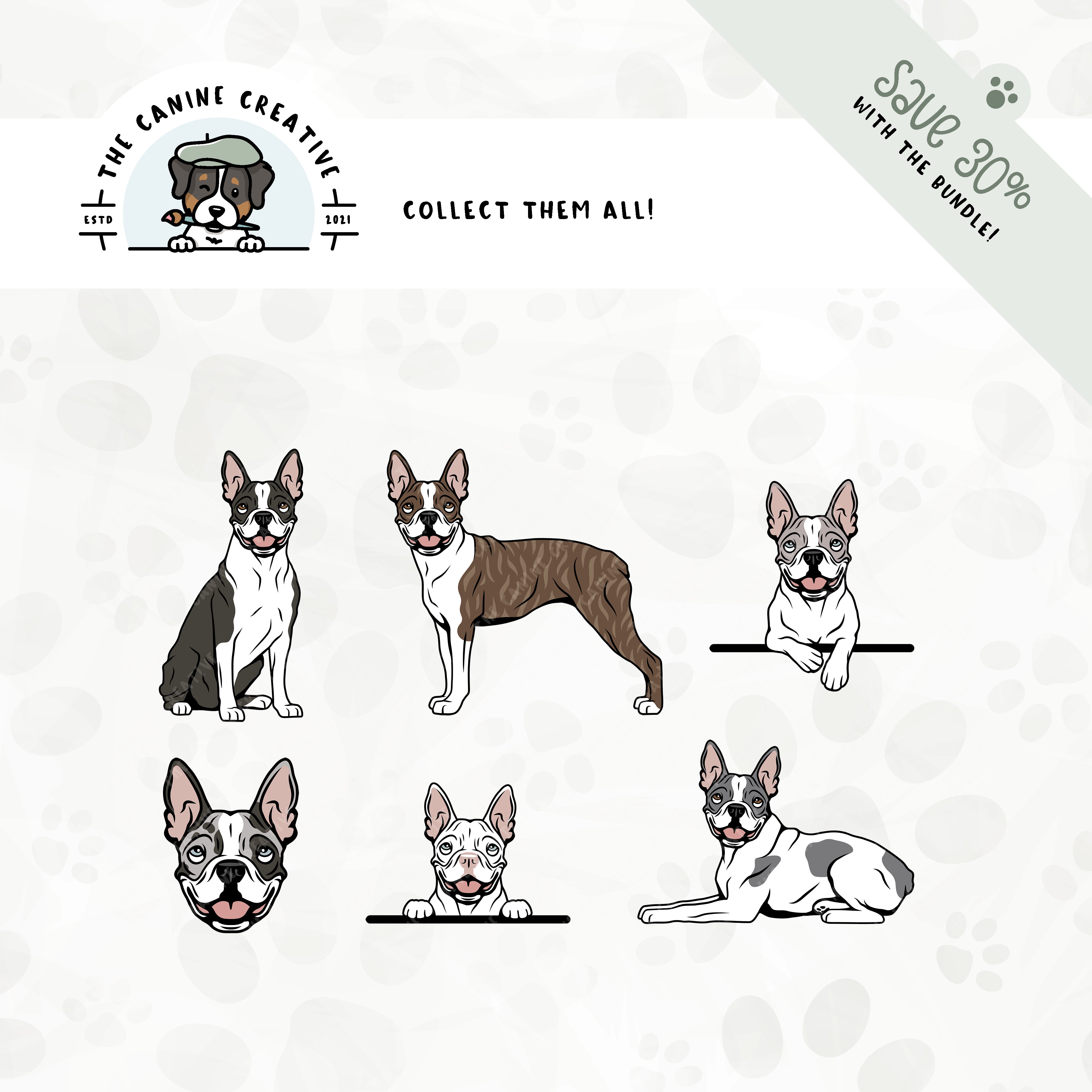 Save 30% with our related 6-pack Boston Terrier design bundle!