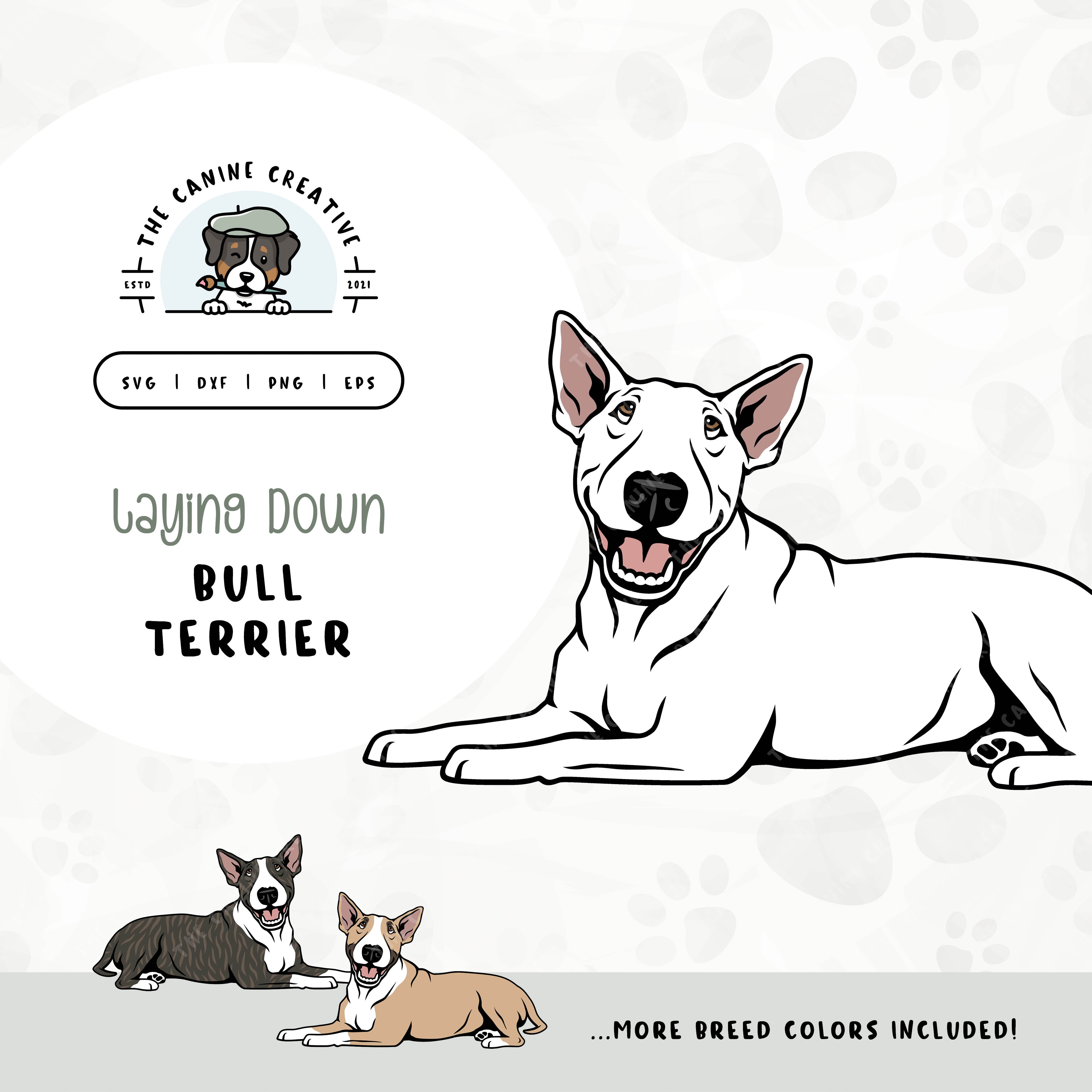 This laying down dog design features a Bull Terrier. File formats include: SVG, DXF, PNG, and EPS.