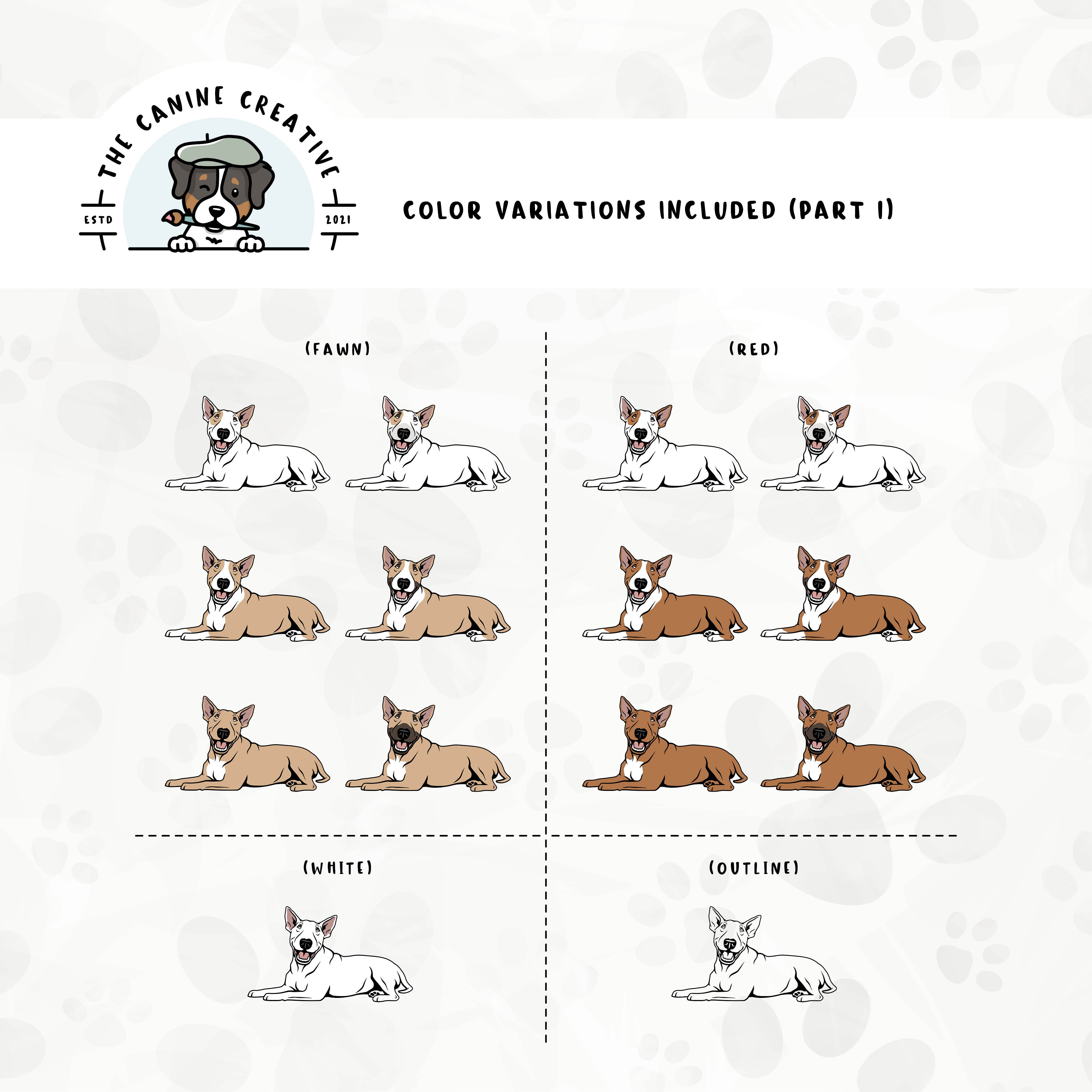 Part 1 of dog color variations for this design set includes common color and marking variations found in this Bully breed (white, bi-color, and smut), as well as an outline option.