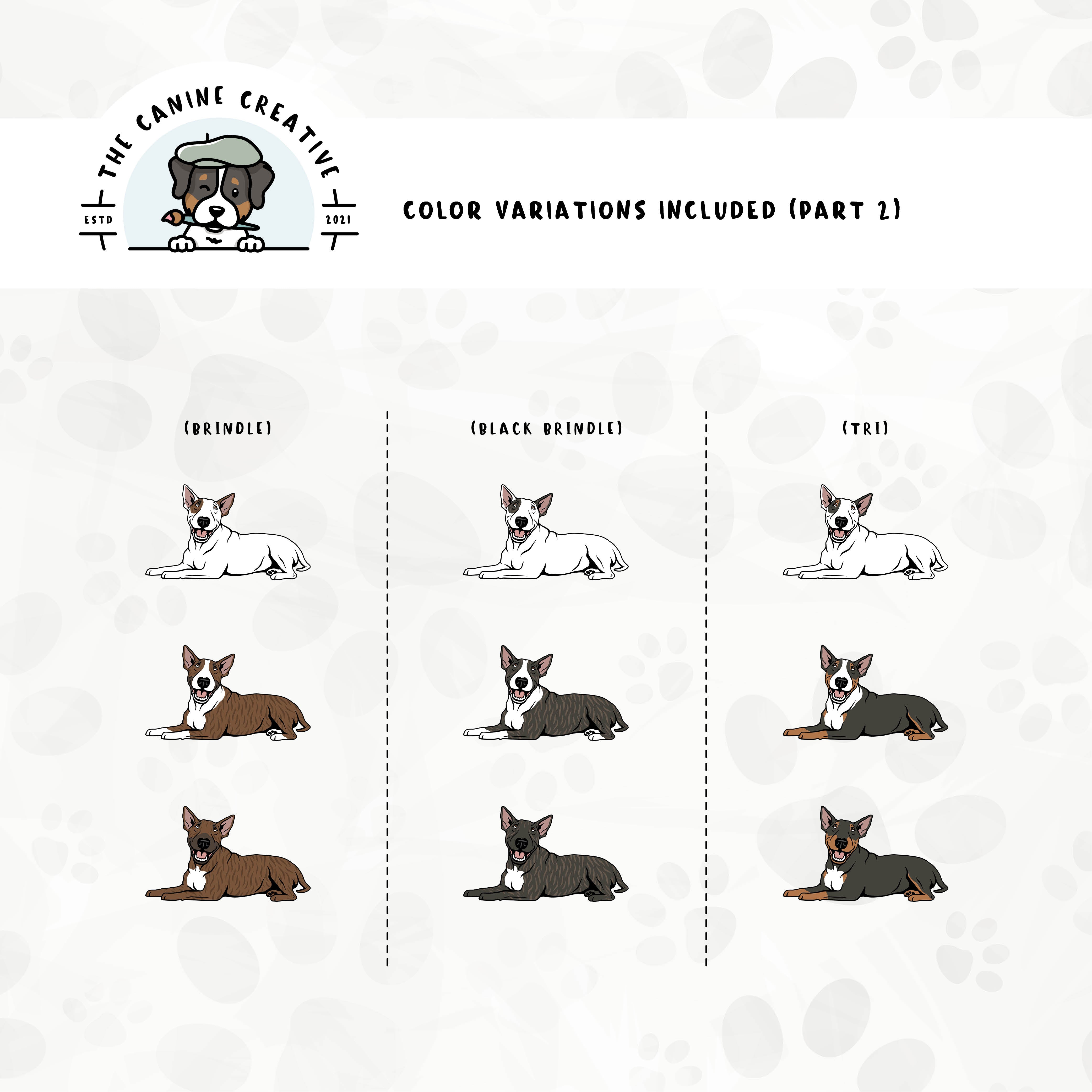 Part 2 of dog color variations for this design set includes common color and marking variations found in this Bully breed (brindle and tri-color).