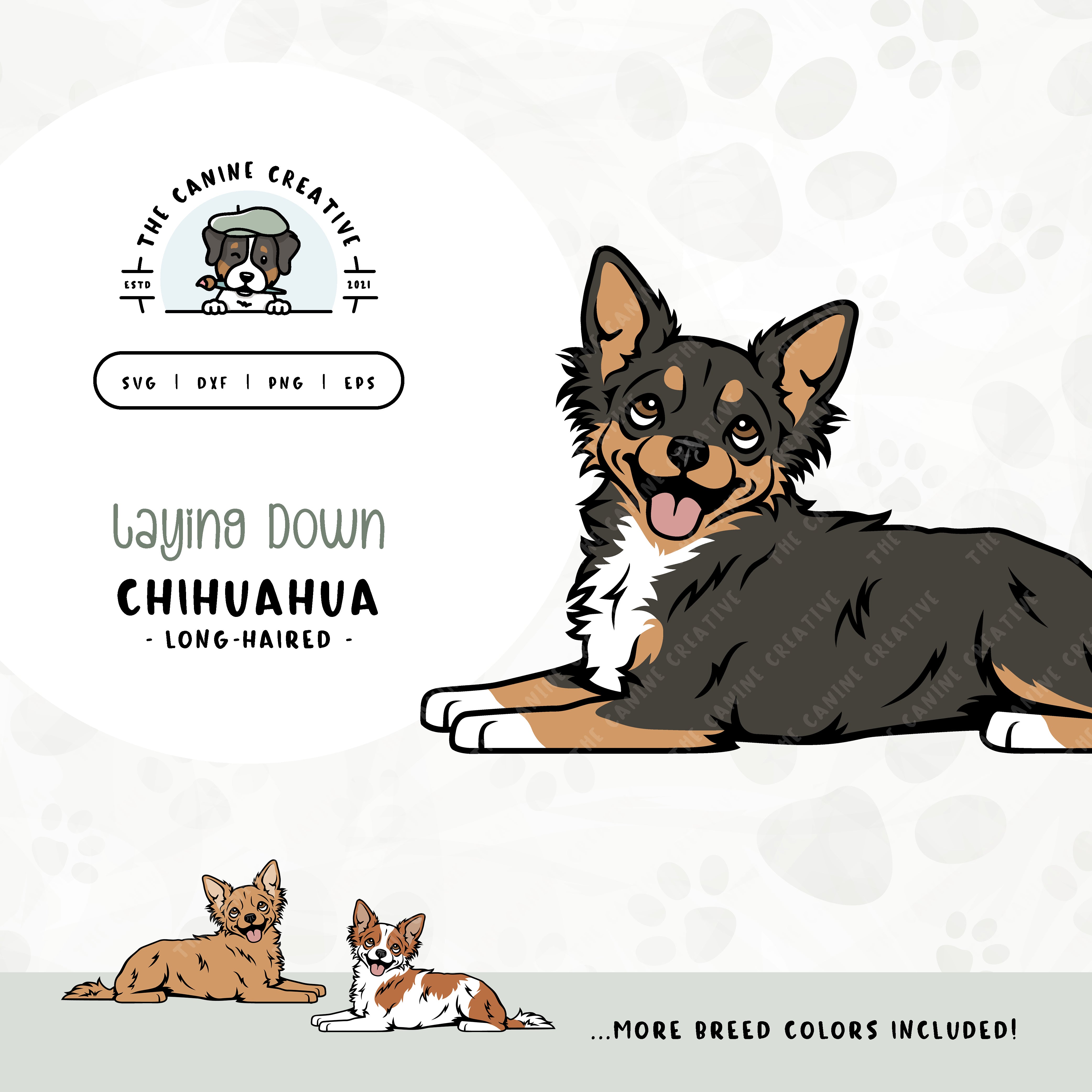 This laying down dog design features a Long Haired Chihuahua. File formats include: SVG, DXF, PNG, and EPS.