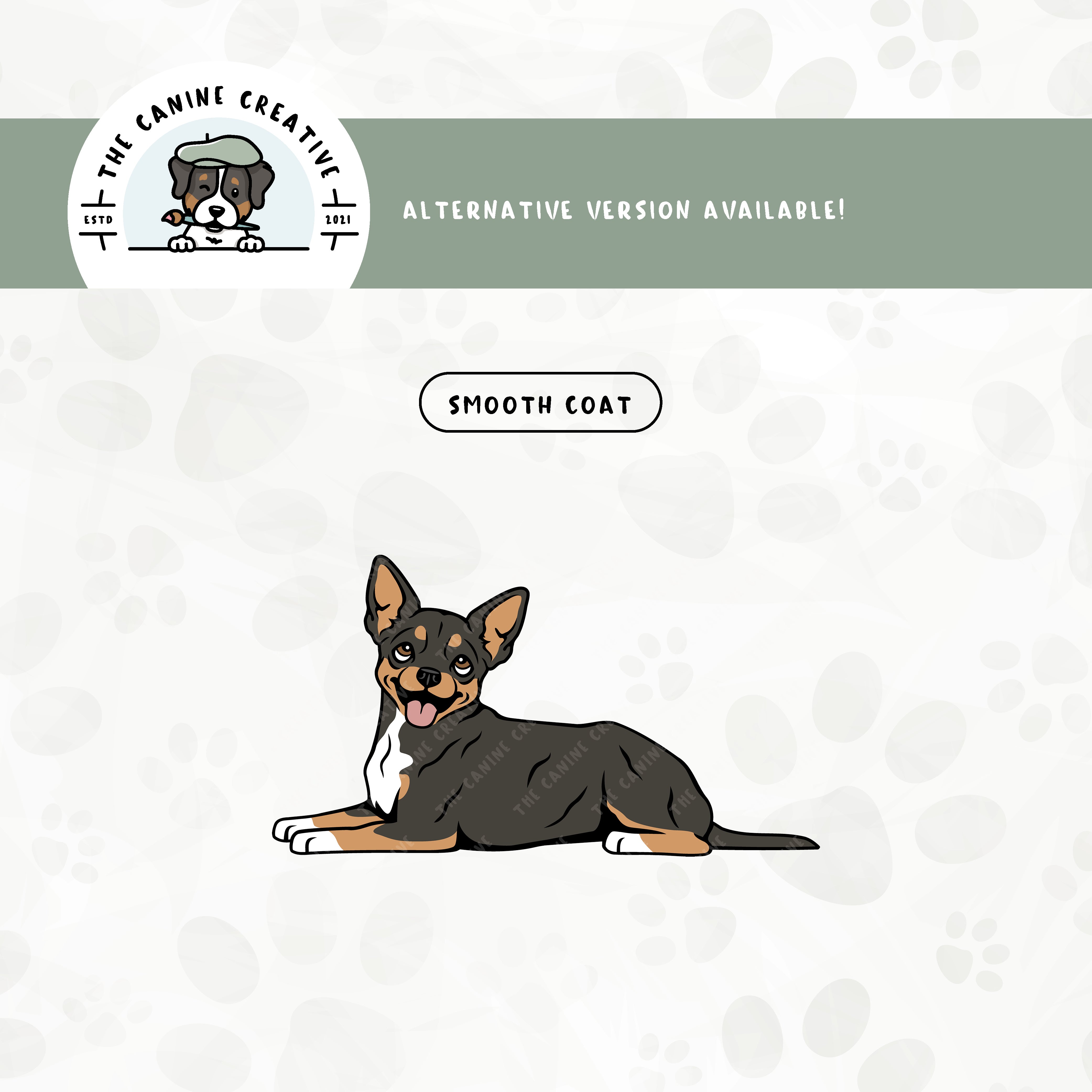 A smooth coat version is also available for this laying down Chihuahua design.