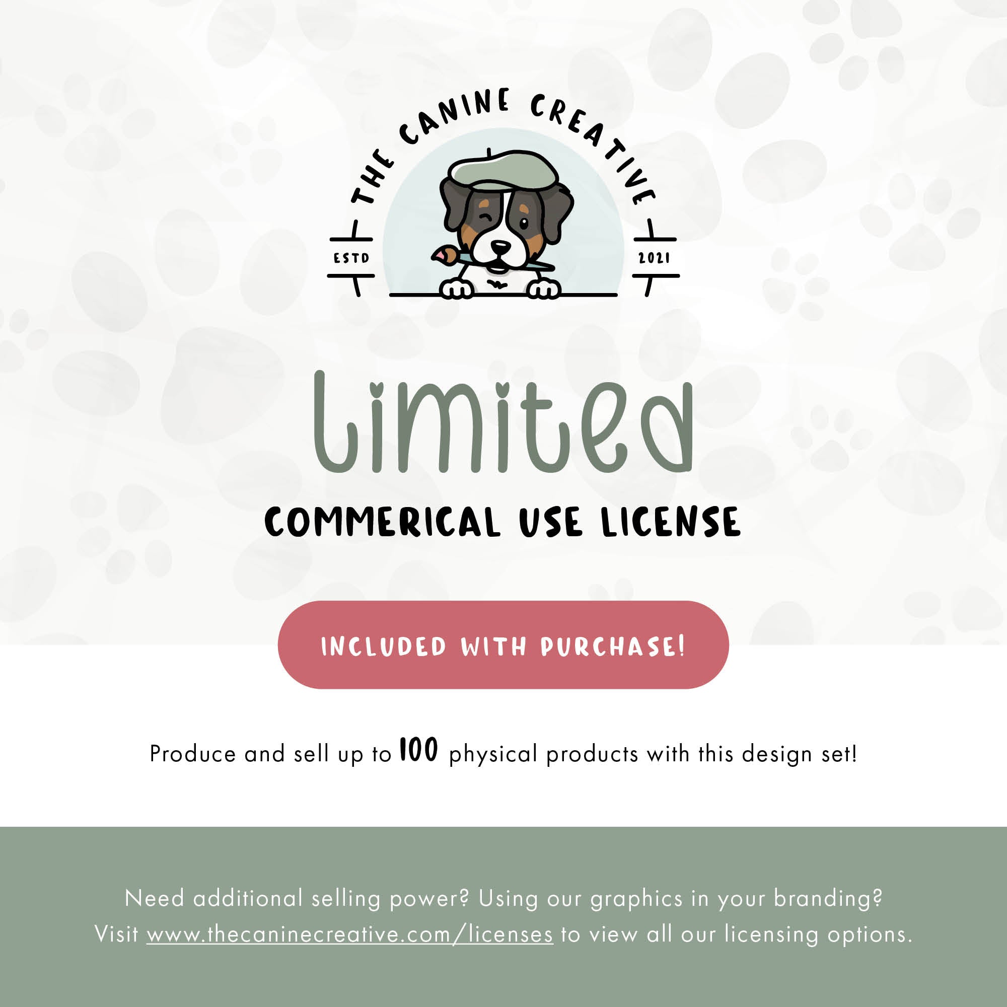 Limited Commercial Use License included with purchase. Produce and sell up to 100 physical products with this listing. More licensing options available at thecaninecreative.com/licenses. 