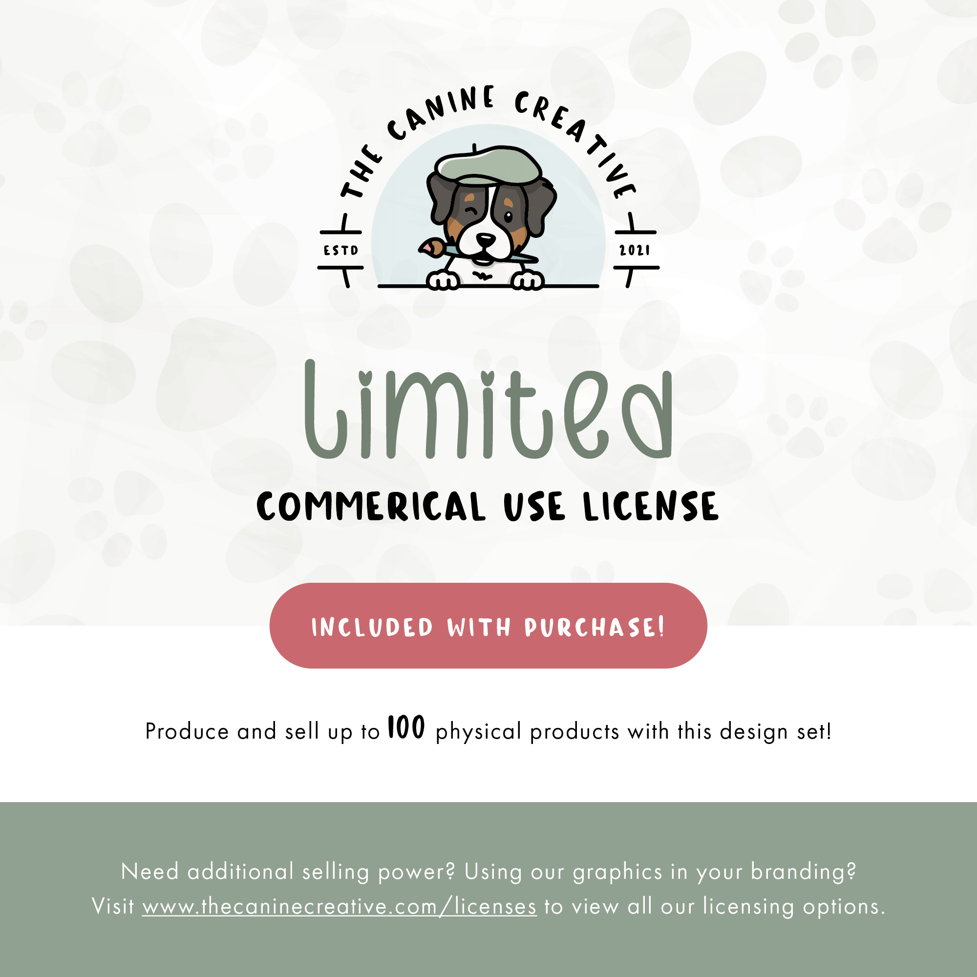 Limited Commercial Use License included with purchase. Produce and sell up to 100 physical products with this listing. More licensing options available at thecaninecreative.com/licenses. 