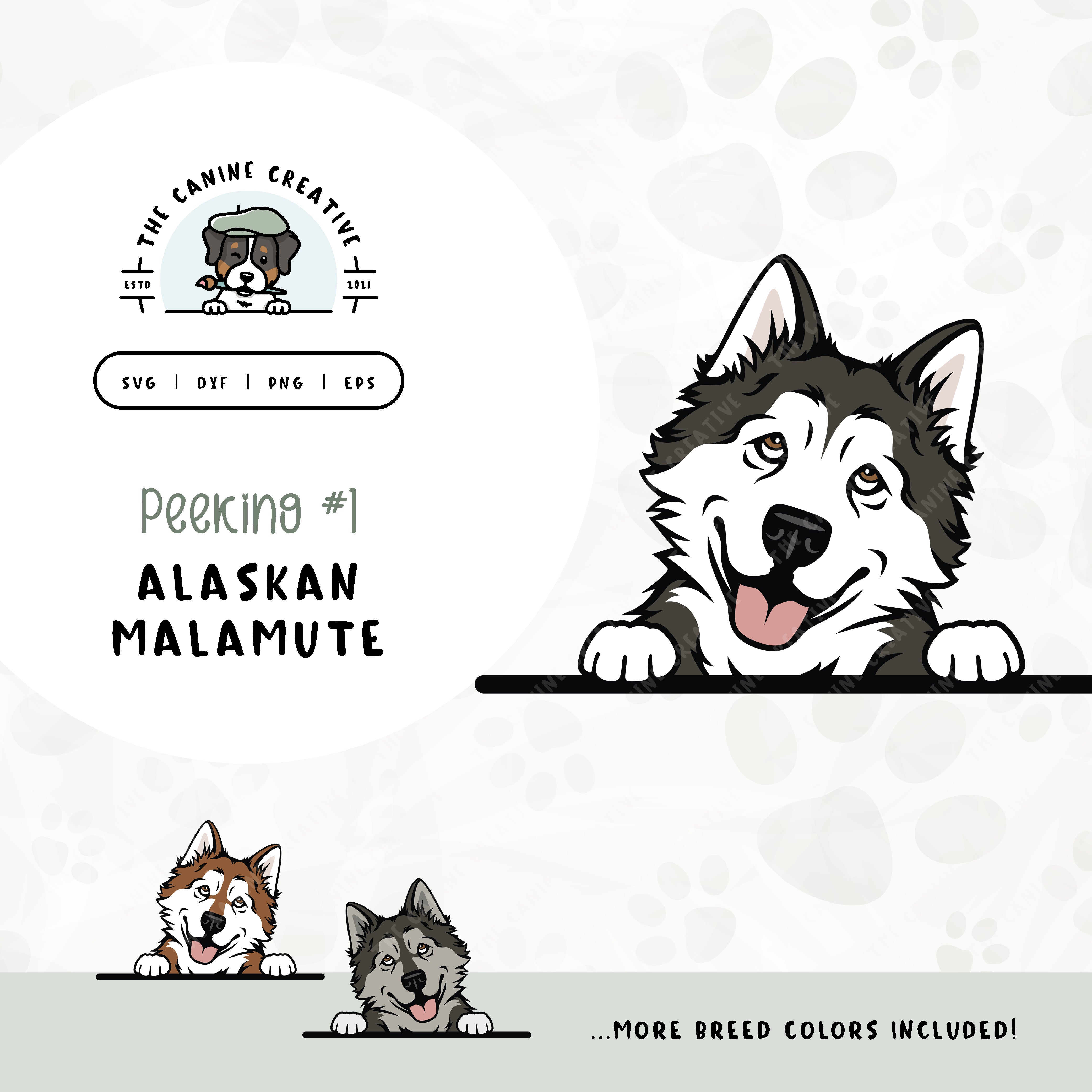 This illustrated design features a peeking Alaskan Malamute. File formats include: SVG, DXF, PNG, and EPS.