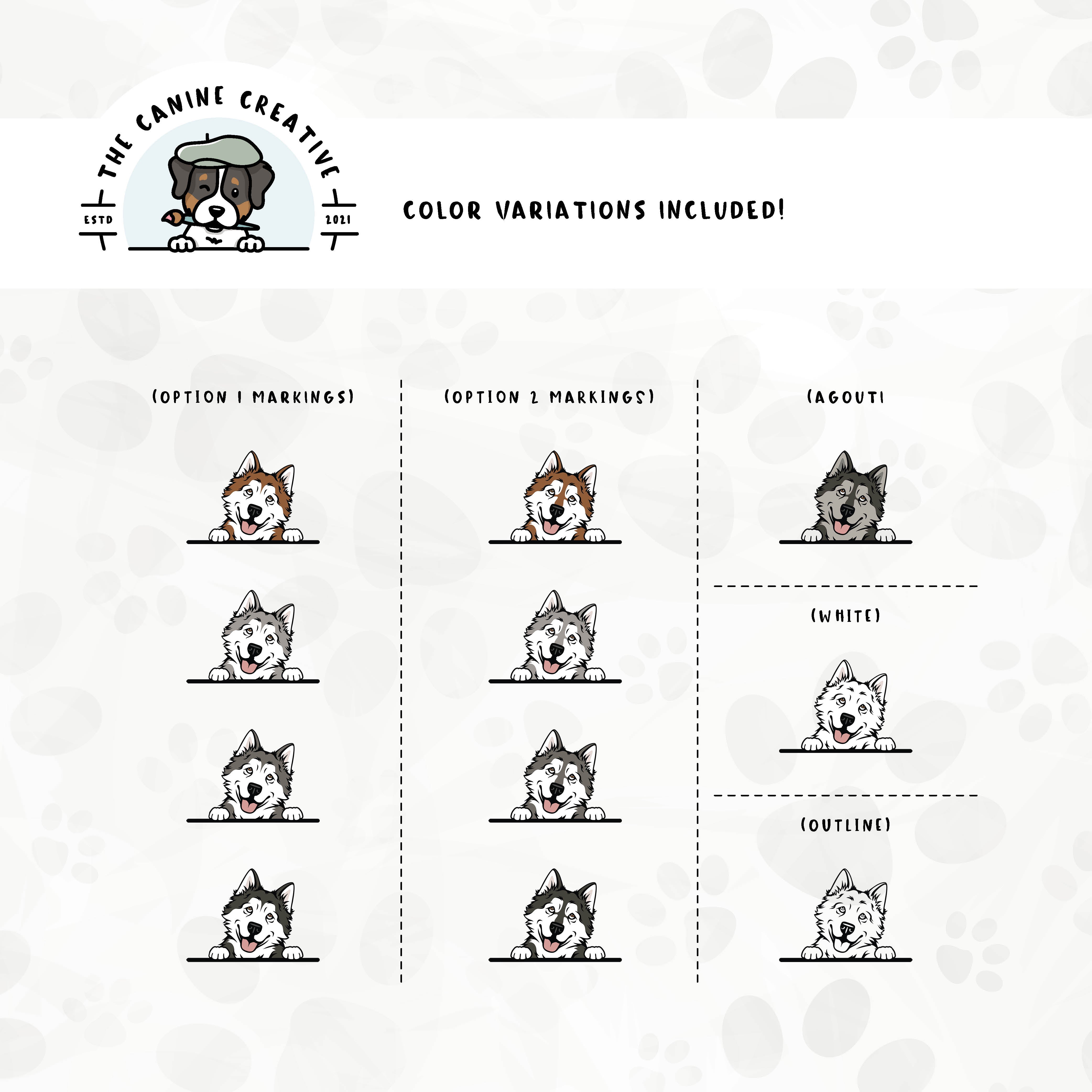 Dog color variations for this design set includes common color and marking variations found in Alaskan Malamutes (bi-color, Agouti, and white), as well as an outline option.
