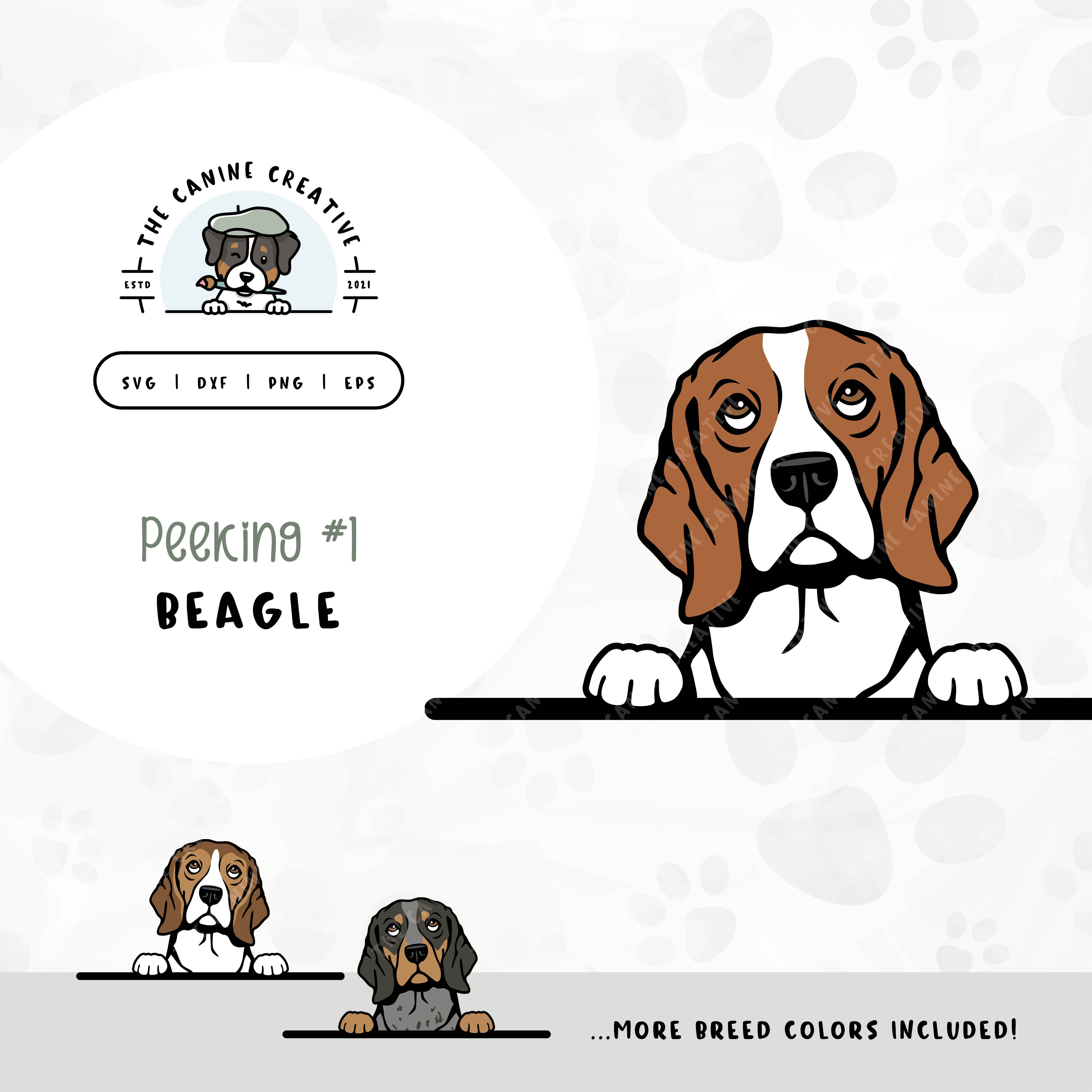 This illustrated dog design features a peeking Beagle. File formats include: SVG, DXF, PNG, and EPS.