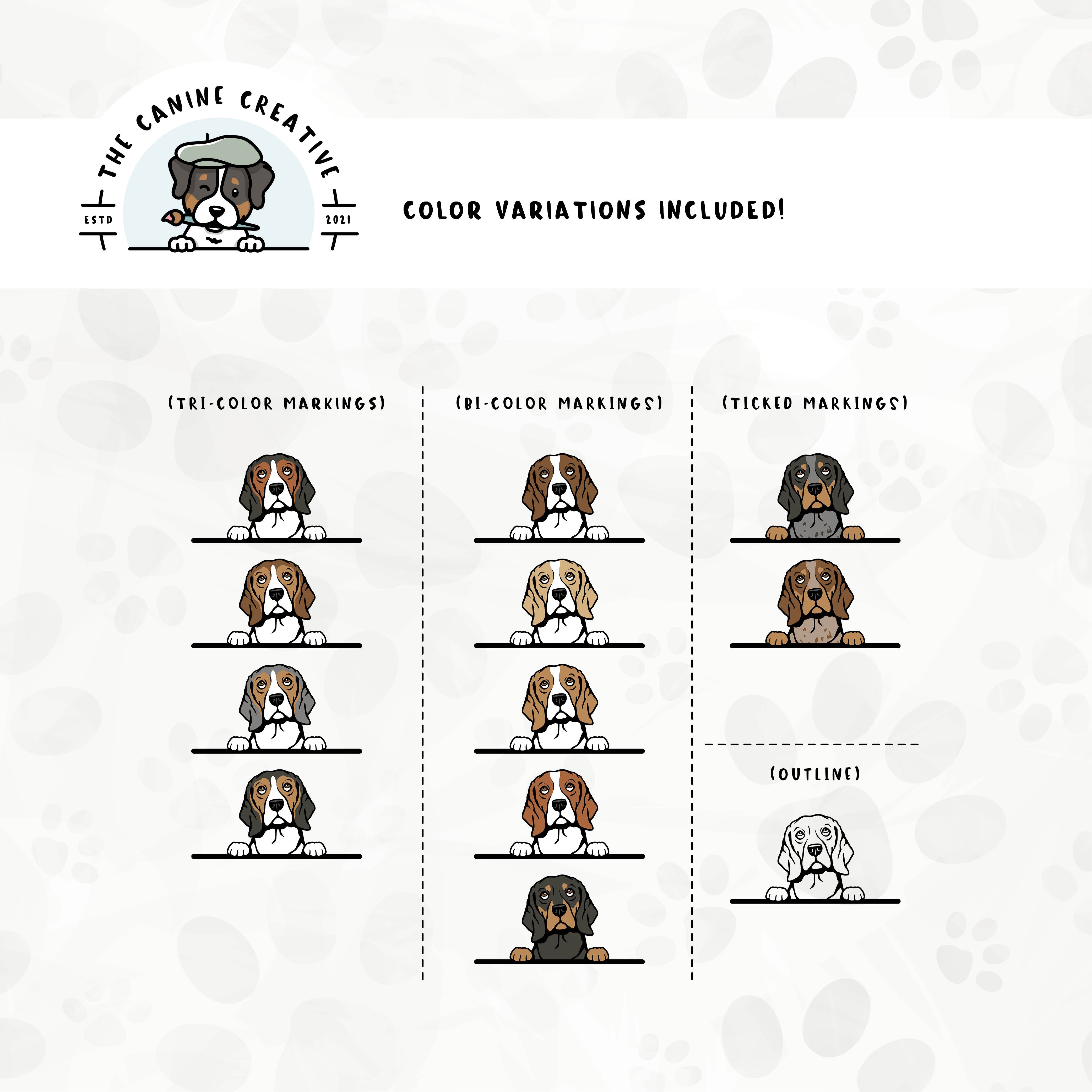 Dog color variations for this design set includes common color and marking variations found in Beagles (bi-color, tri-color, and ticked), as well as an outline option. 