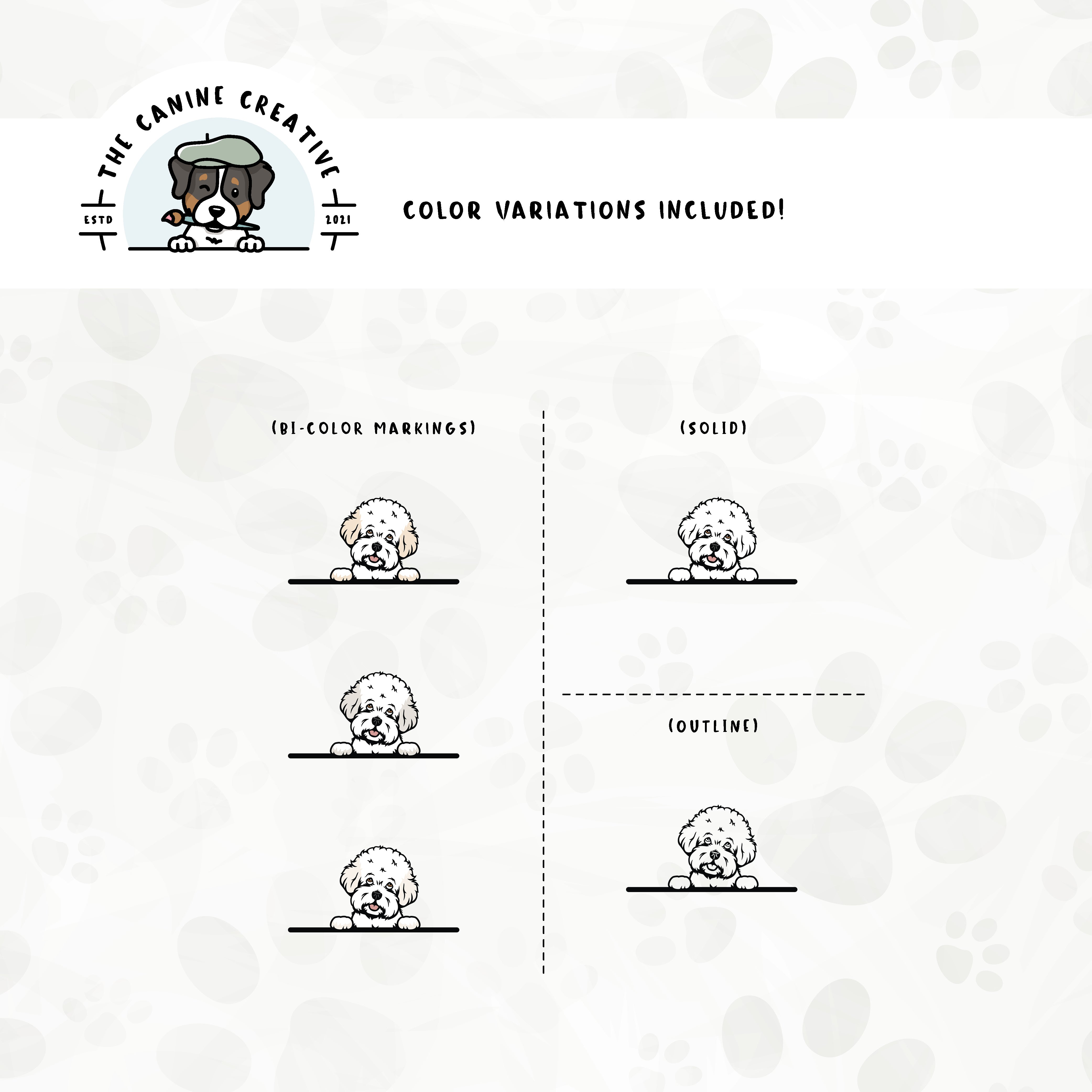 Dog color variations for this design set includes common color and marking variations found in Bichons (white, buff, apricot, and cream), as well as an outline option. 