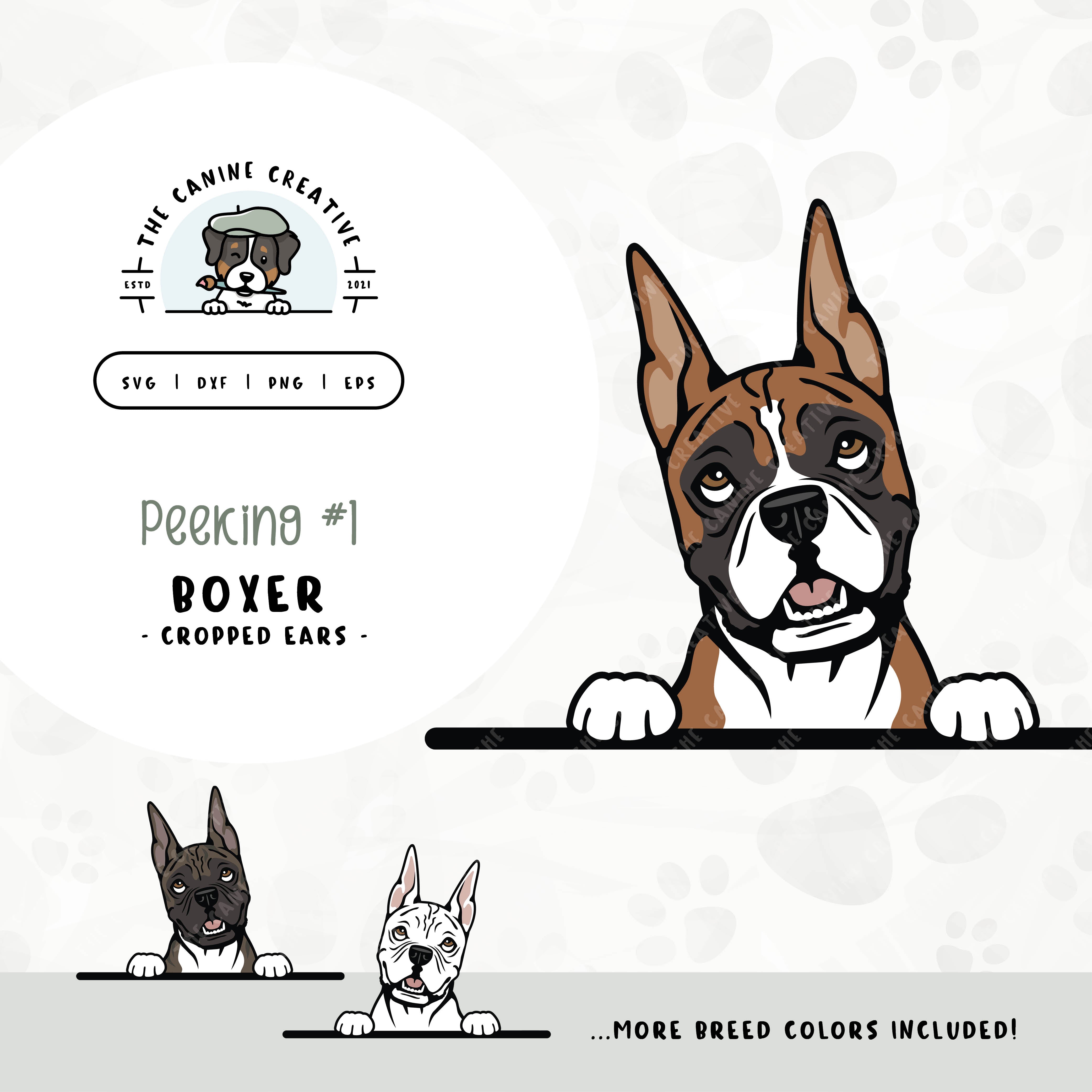 This illustrated design features a peeking Boxer dog with cropped ears. File formats include: SVG, DXF, PNG, and EPS.