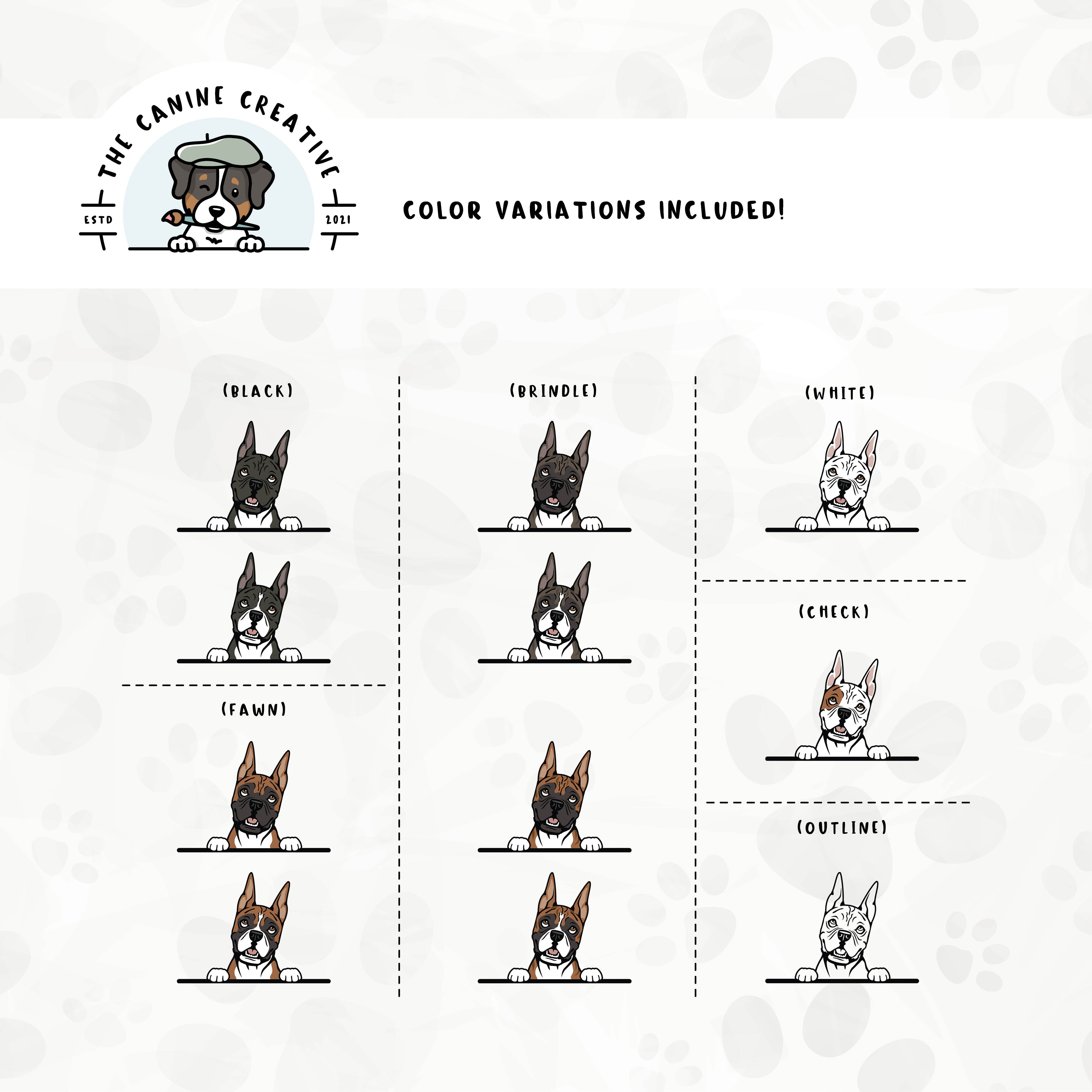 Dog color variations for this Boxer dog design set includes common color and marking variations found in this breed (white, fawn, black, brindle, flashy, classic, and check), as well as an outline option.