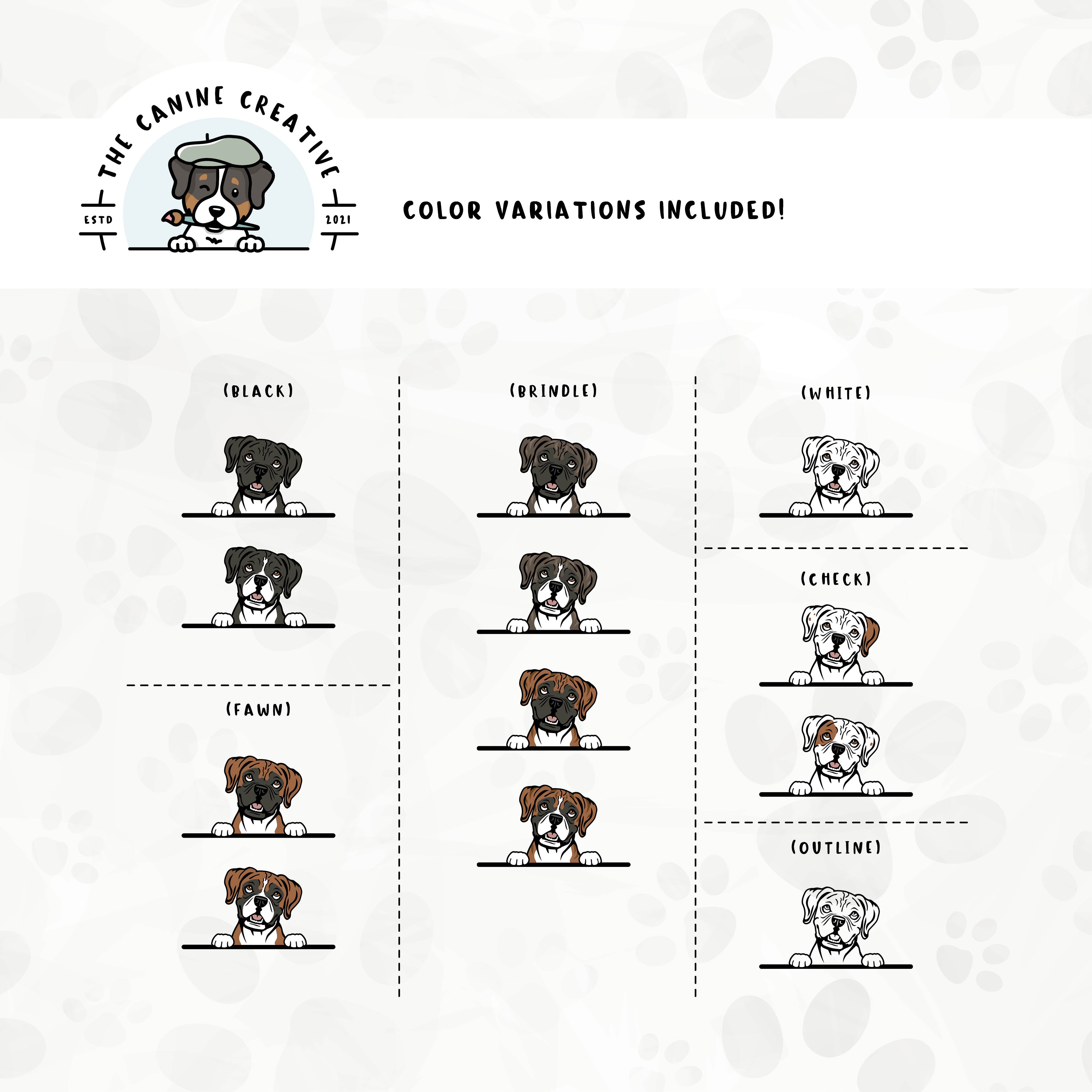 Dog color variations for this Boxer dog design set includes common color and marking variations found in this breed (white, fawn, black, brindle, flashy, classic, and check), as well as an outline option.
