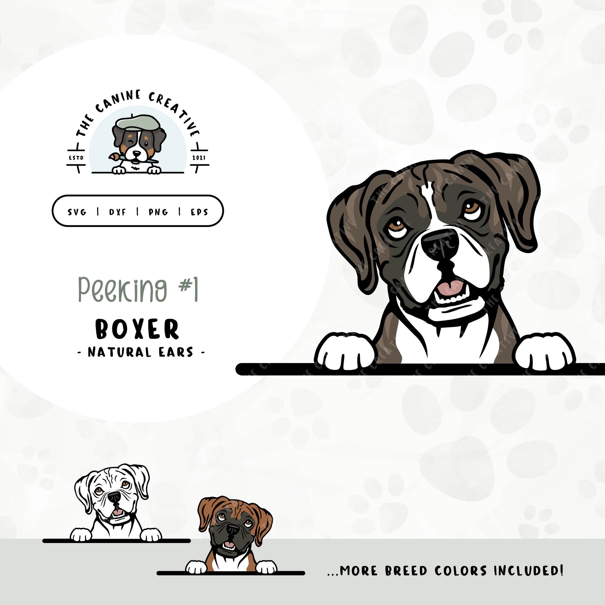 This illustrated design features a peeking Boxer dog with floppy ears. File formats include: SVG, DXF, PNG, and EPS.