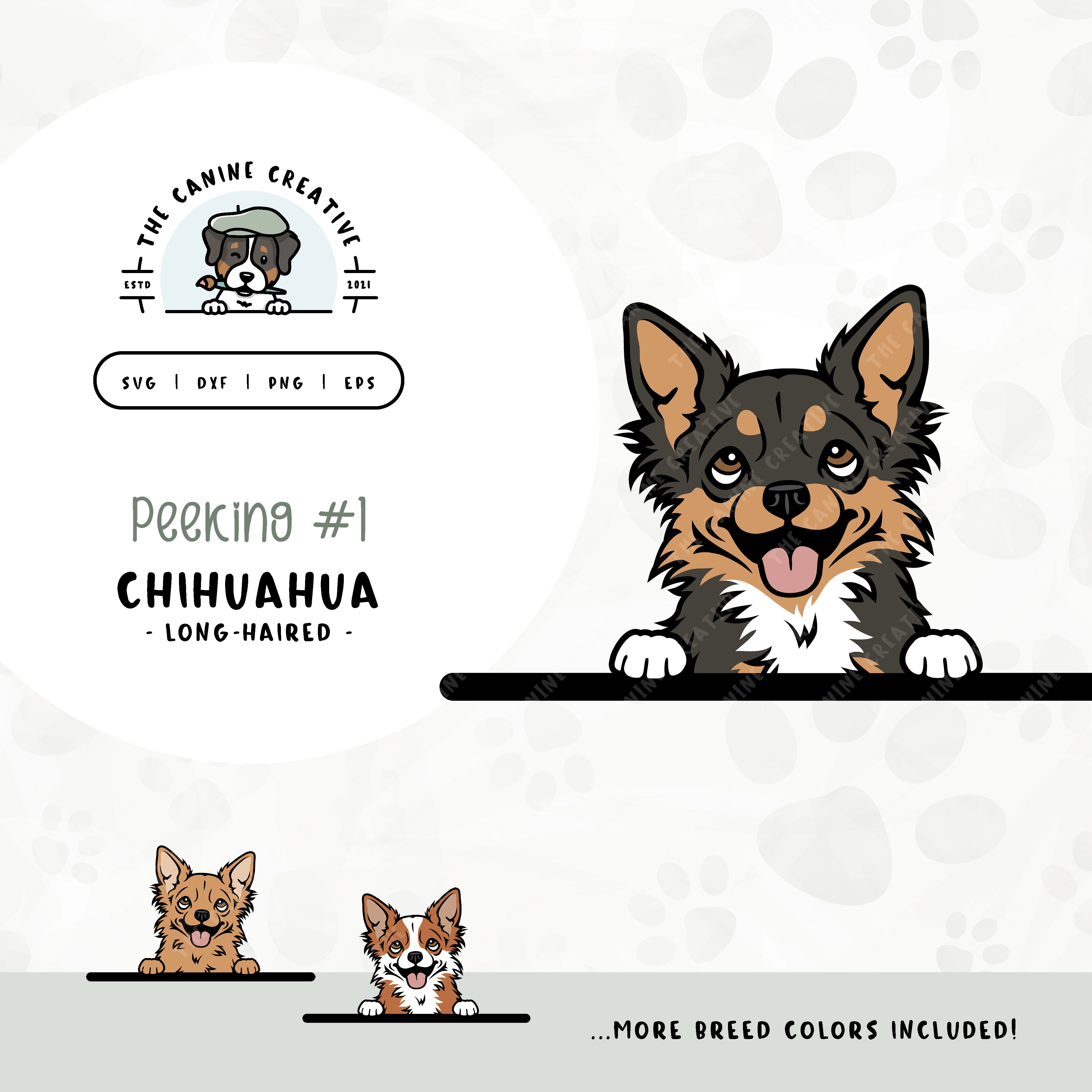 This illustrated design features a peeking long haired Chihuahua. File formats include: SVG, DXF, PNG, and EPS.