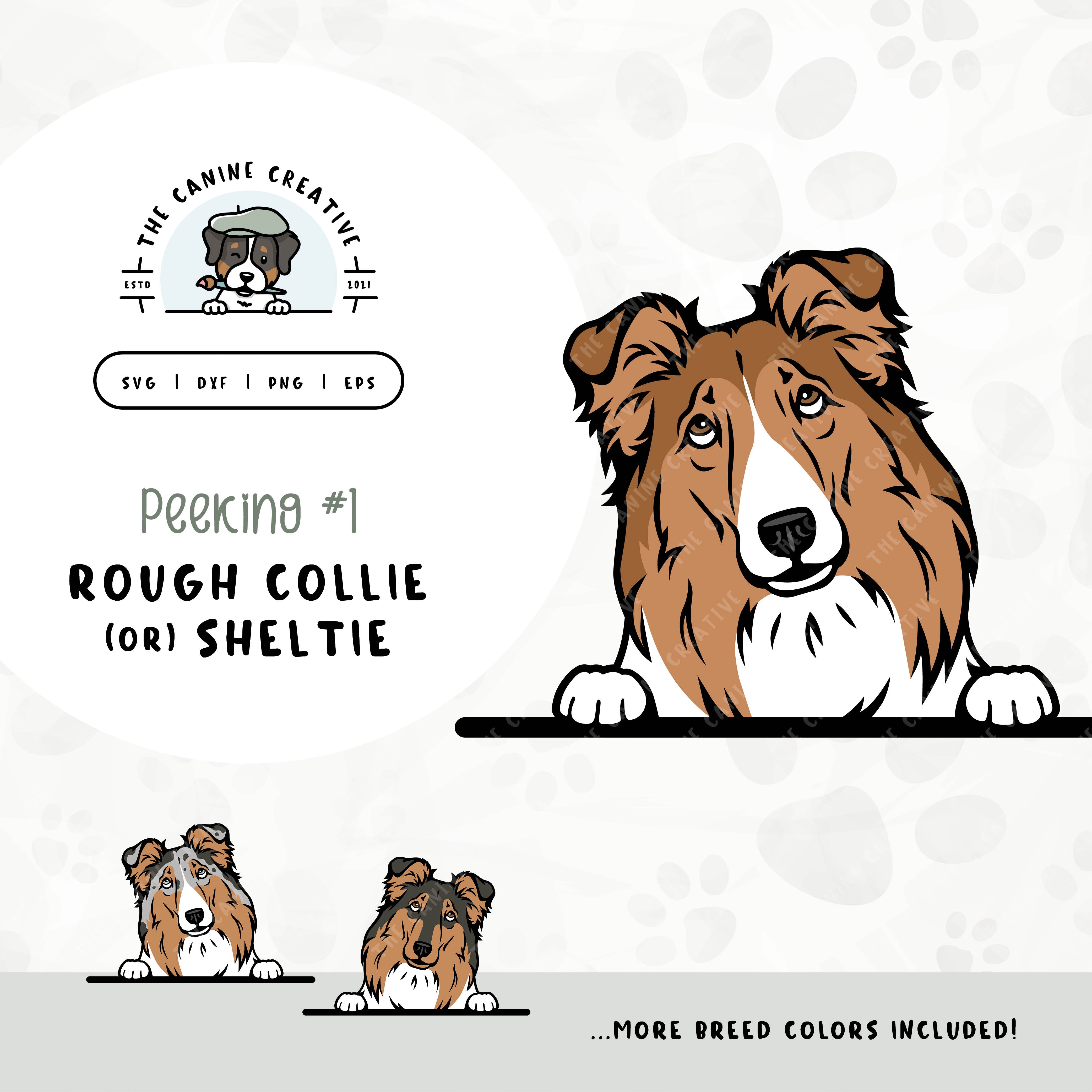 This hand-drawn, illustrated design bundle features a various colors of peeking (option #1) Rough Collies or Shetland Sheepdogs. File formats include: SVG, DXF, PNG, and EPS.