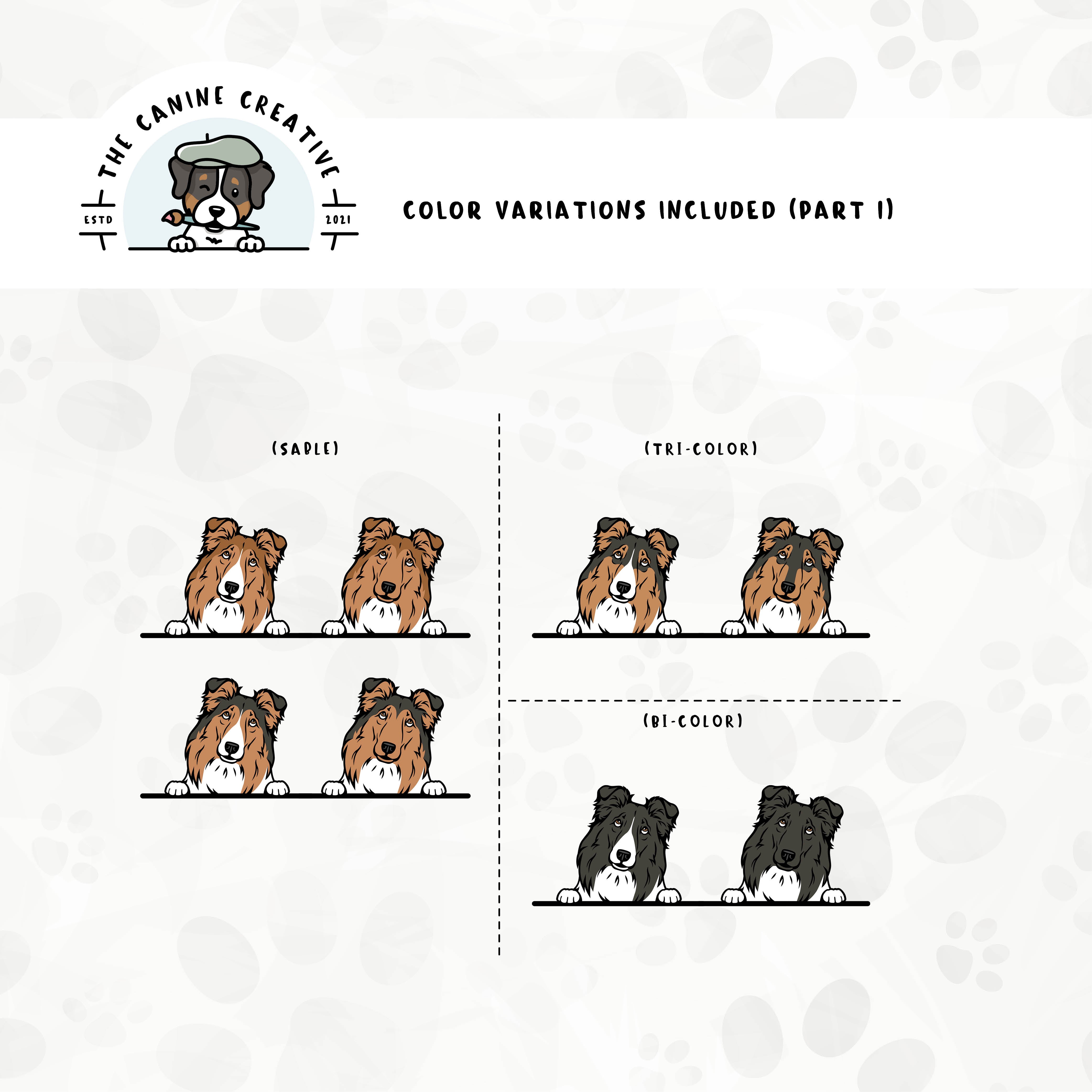 Part 1 of dog color variations for this design bundle includes bi-black, sable, and tri-color in standard and white-factored markings.