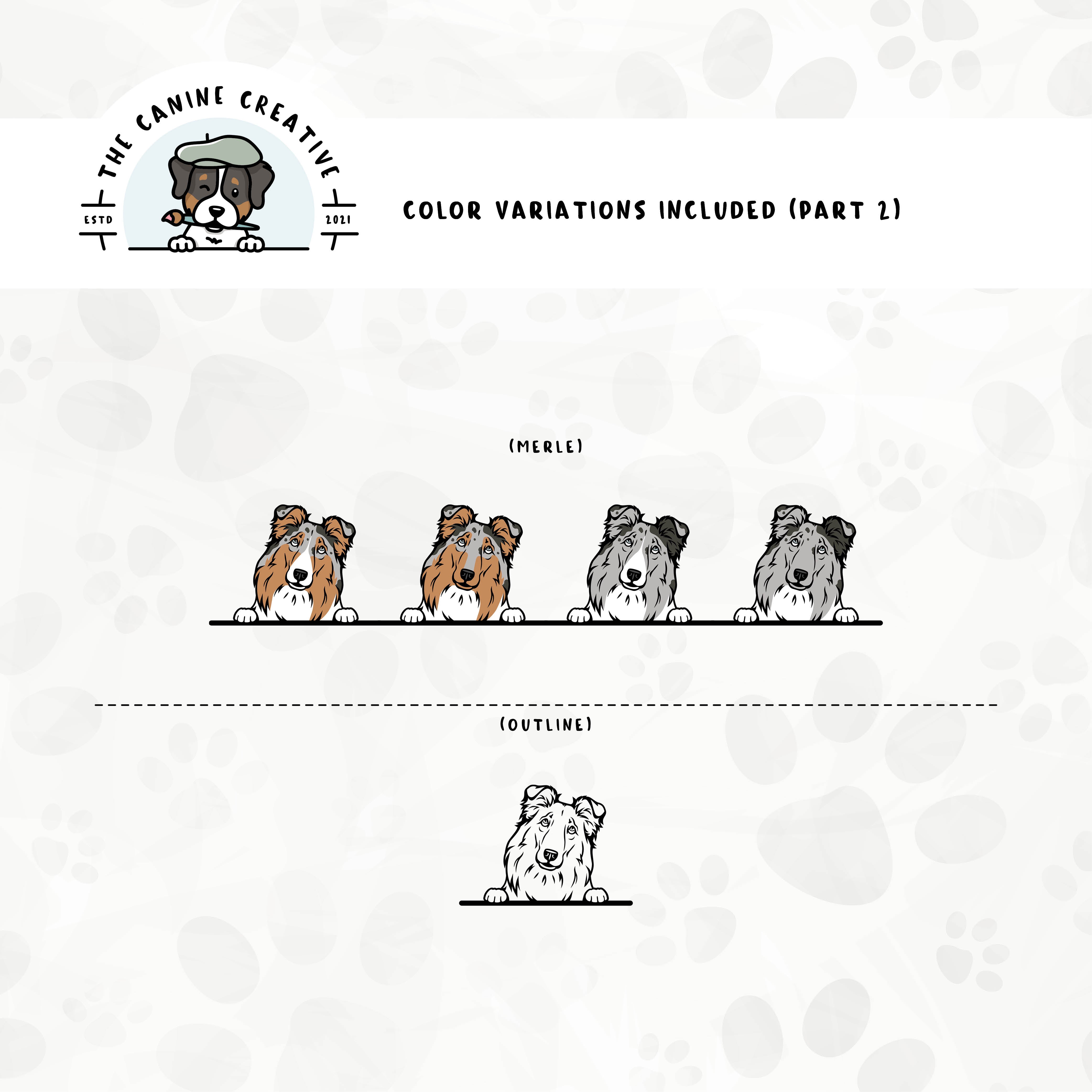 Part 2 of dog color variations for this design bundle includes bi-blue and merle in standard and white-factored markings as well as an outline version.