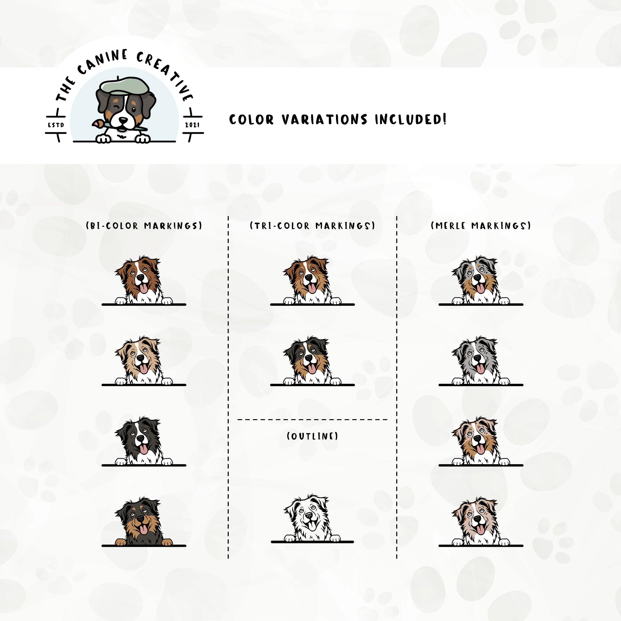 Dog color variations for this design set includes common color and marking variations found in Aussies (bi, tri, and Merle), as well as an outline option. 