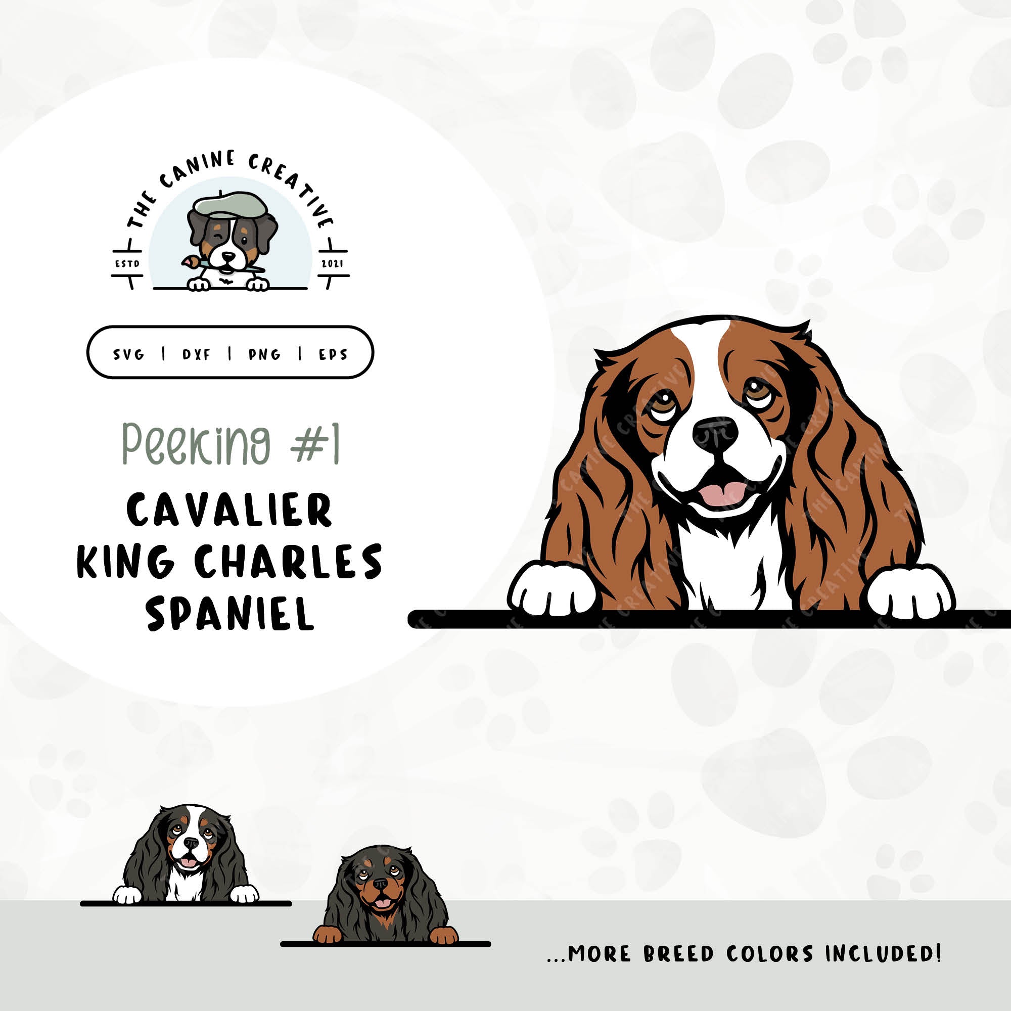 This illustrated design features a peeking Cavalier King Charles Spaniel. File formats include: SVG, DXF, PNG, and EPS.