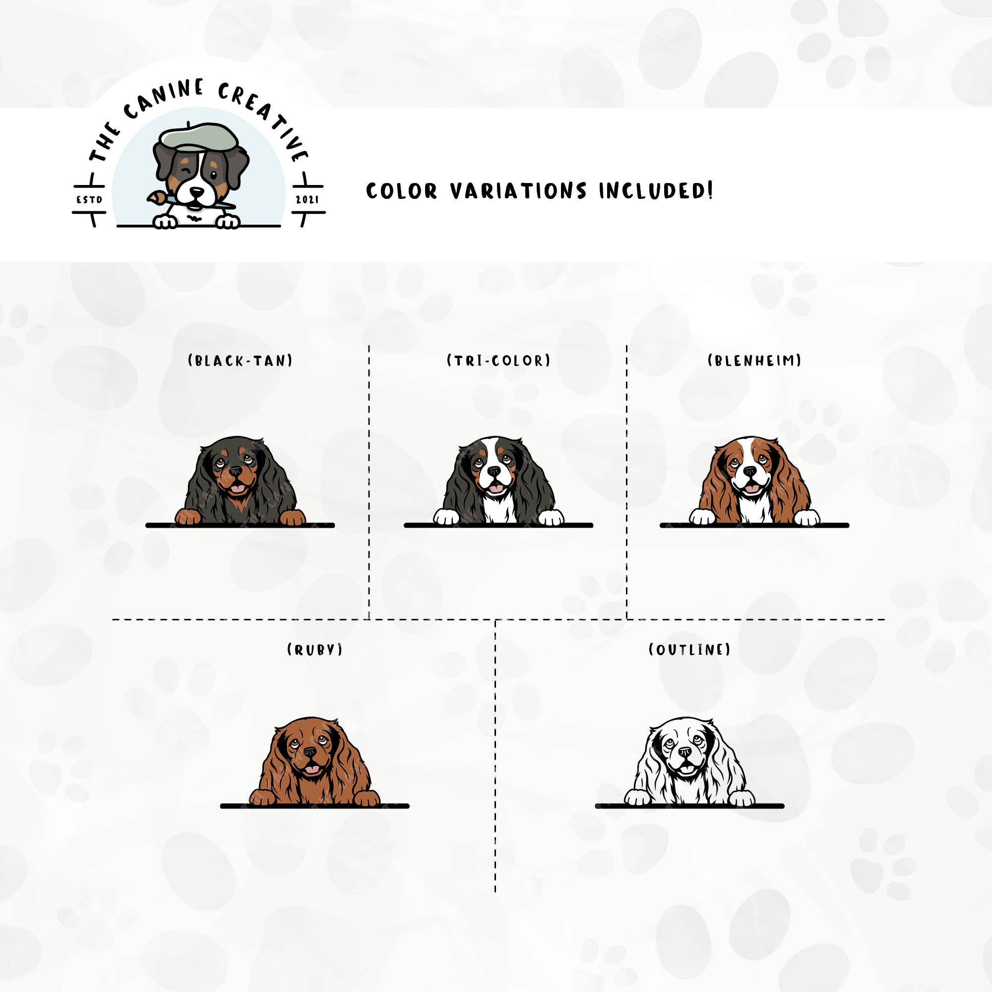 Dog color variations for this Cavalier King Charles Spaniel design set includes common color and marking variations found in this breed (blenheim, tri-color, black-tan, and ruby), as well as an outline option.