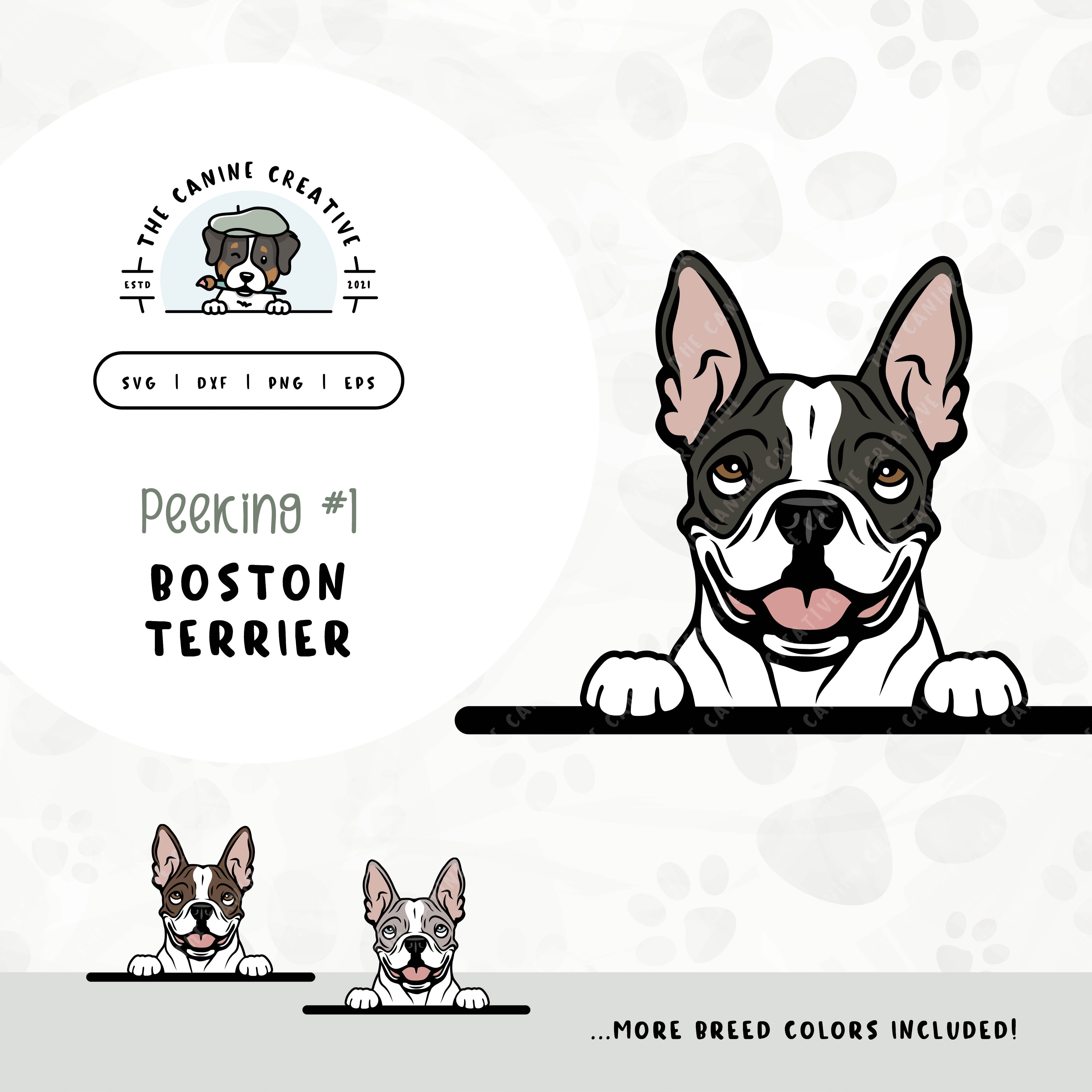 This illustrated design features a peeking Boston Terrier. File formats include: SVG, DXF, PNG, and EPS.