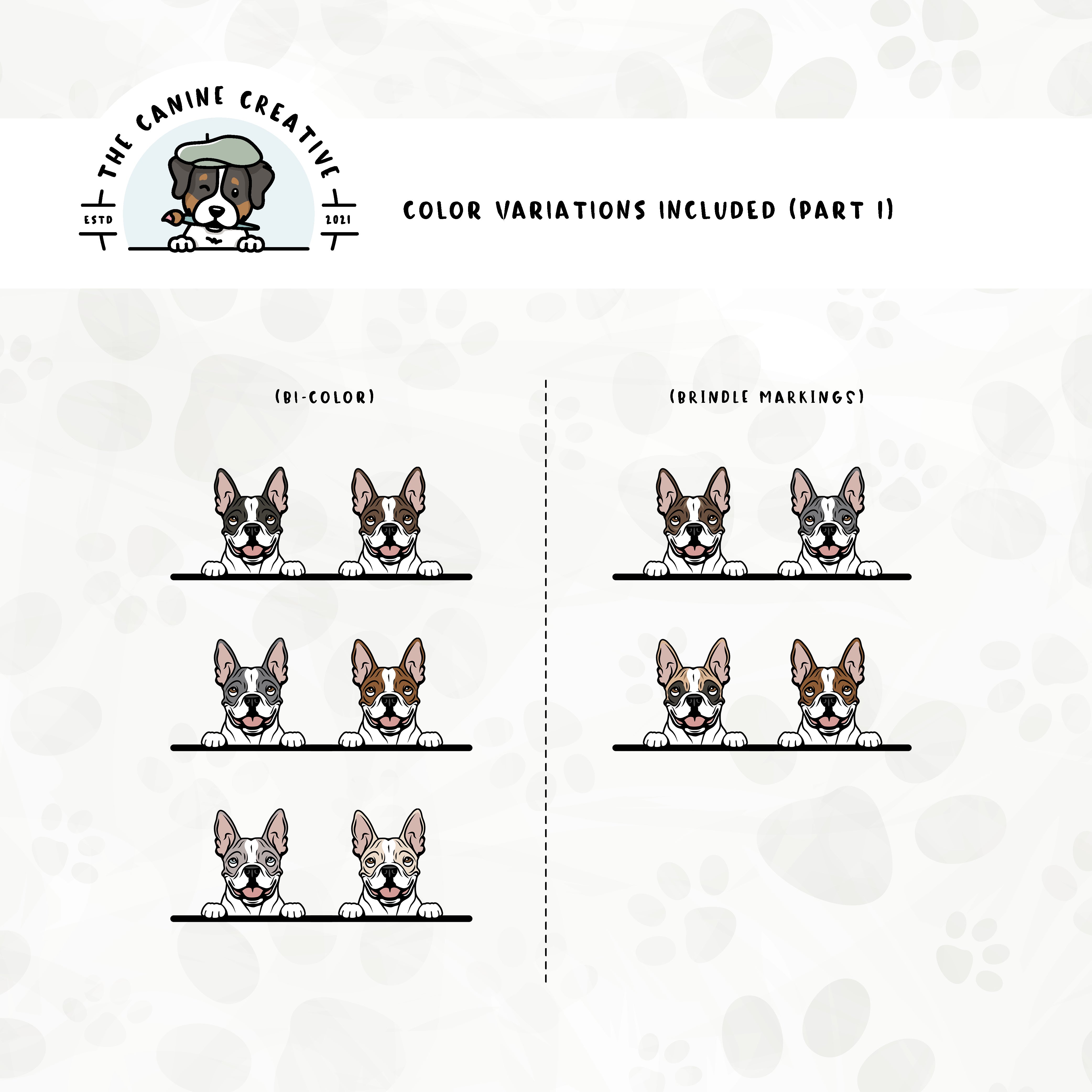 Part 1 of dog color variations for this Boston design set includes multiple bi-color options and brindle markings.