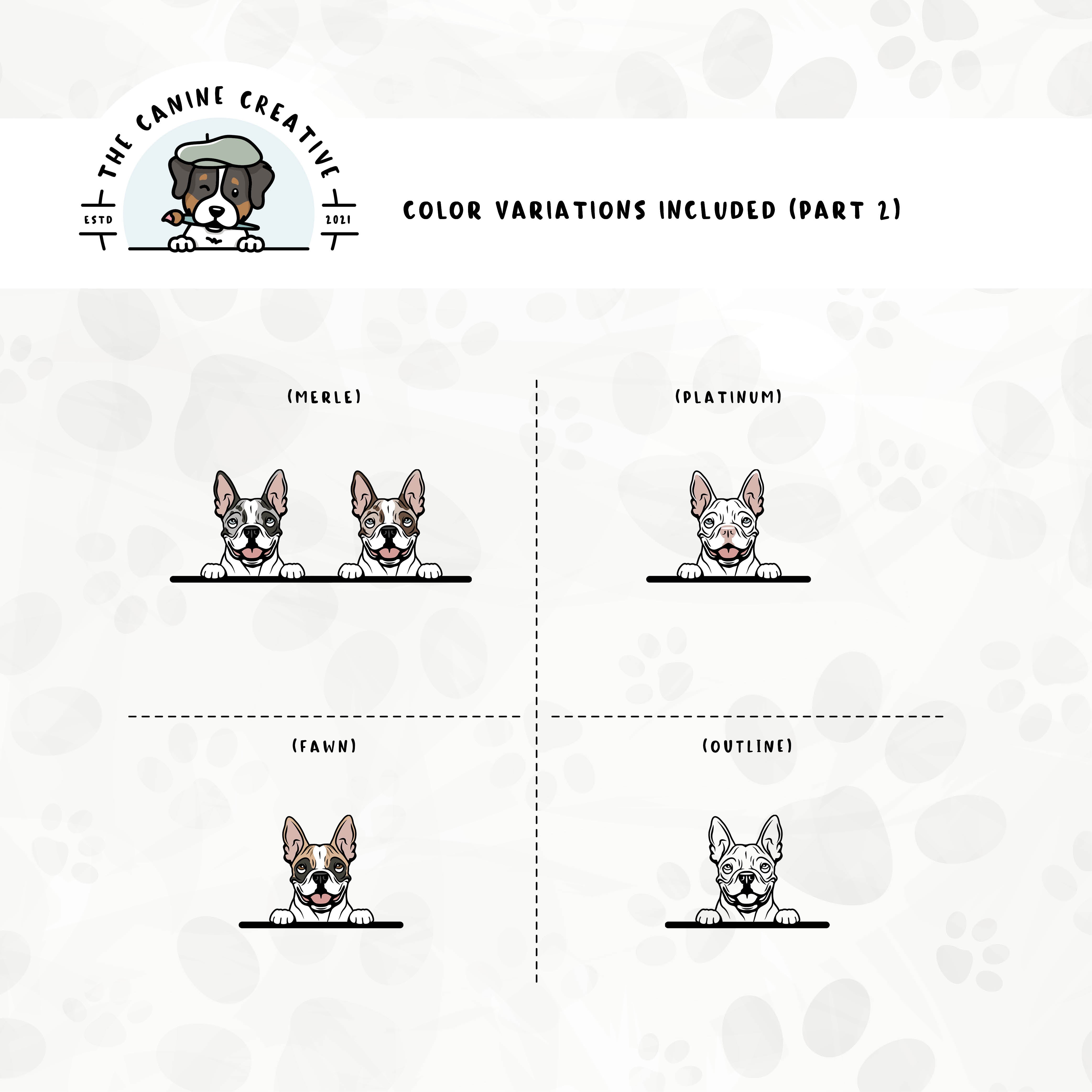 Part 2 of dog color variations for this Boston design set includes merle, fawn, and platinum colors, as well as an outline version.