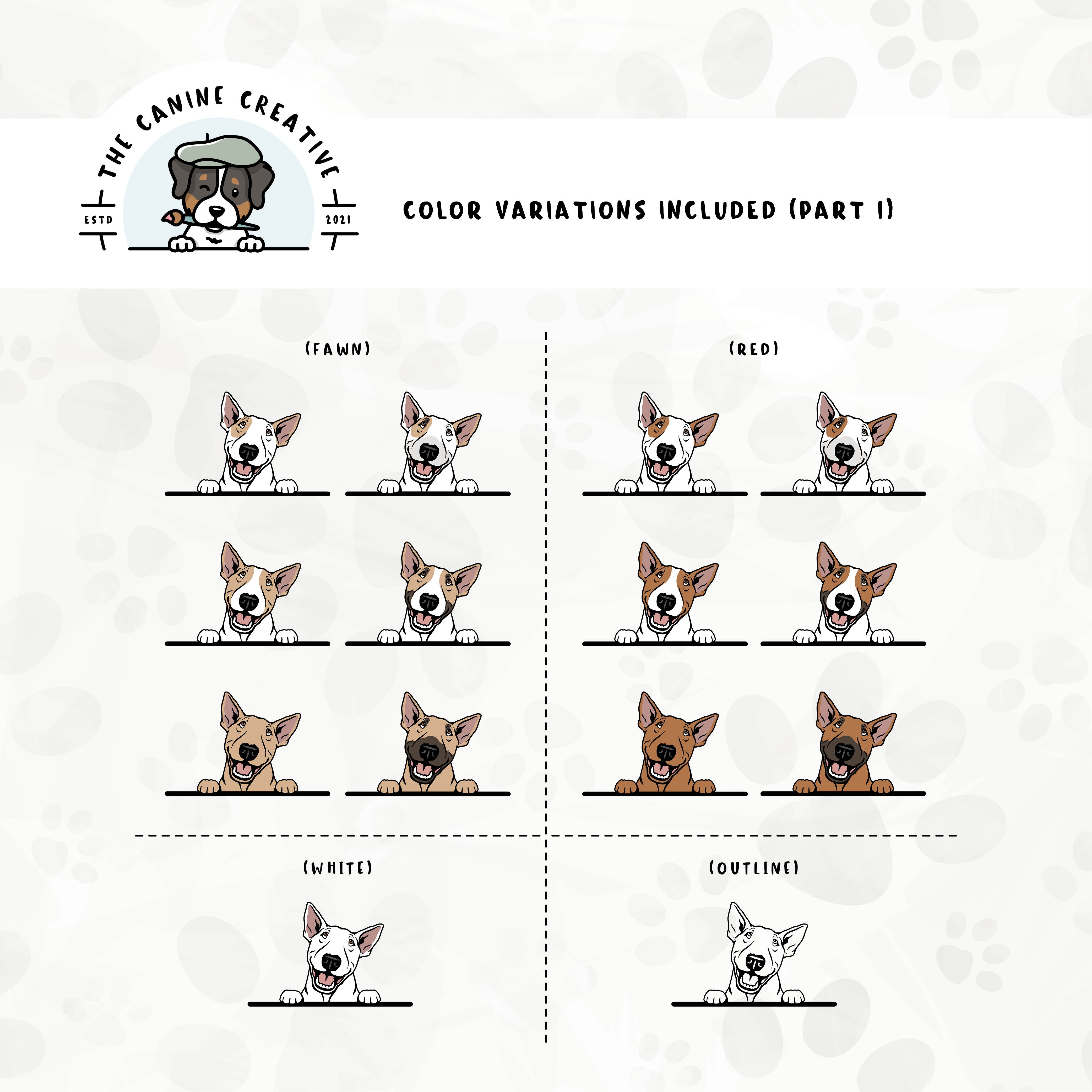 Part 1 of dog color variations for this design set includes common color and marking variations found in this Bully breed (white, bi-color, and smut), as well as an outline option.