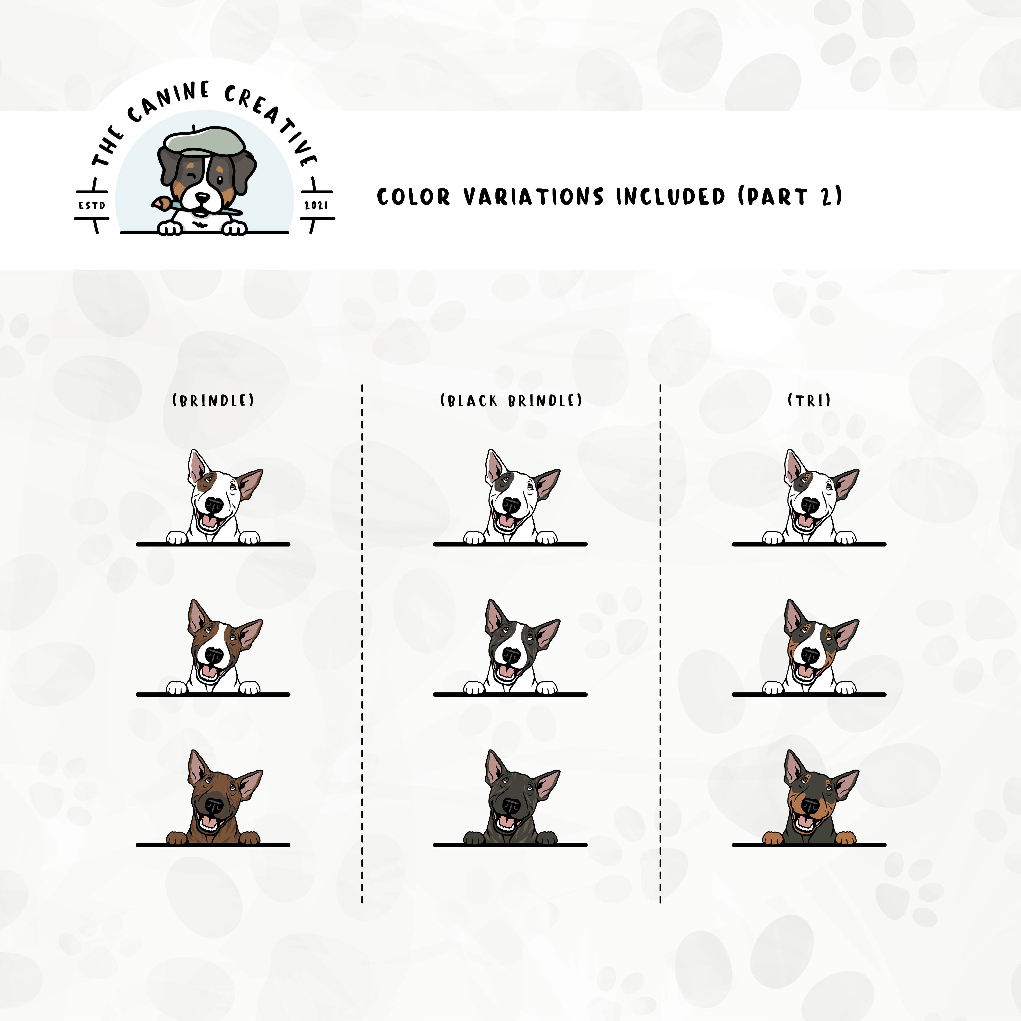 Part 2 of dog color variations for this design set includes common color and marking variations found in this Bully breed (brindle and tri-color).