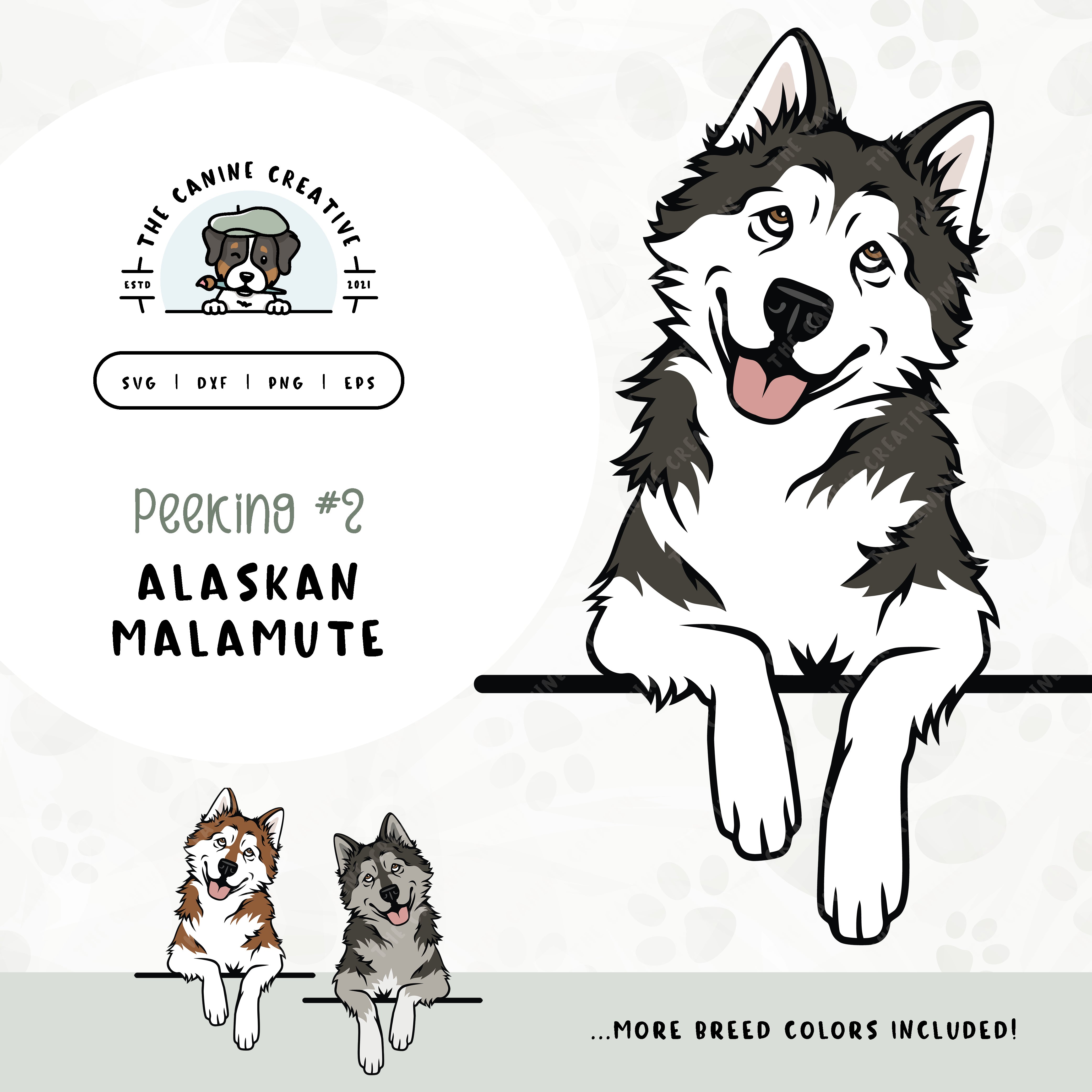 This illustrated design features a peeking Alaskan Malamute. File formats include: SVG, DXF, PNG, and EPS.
