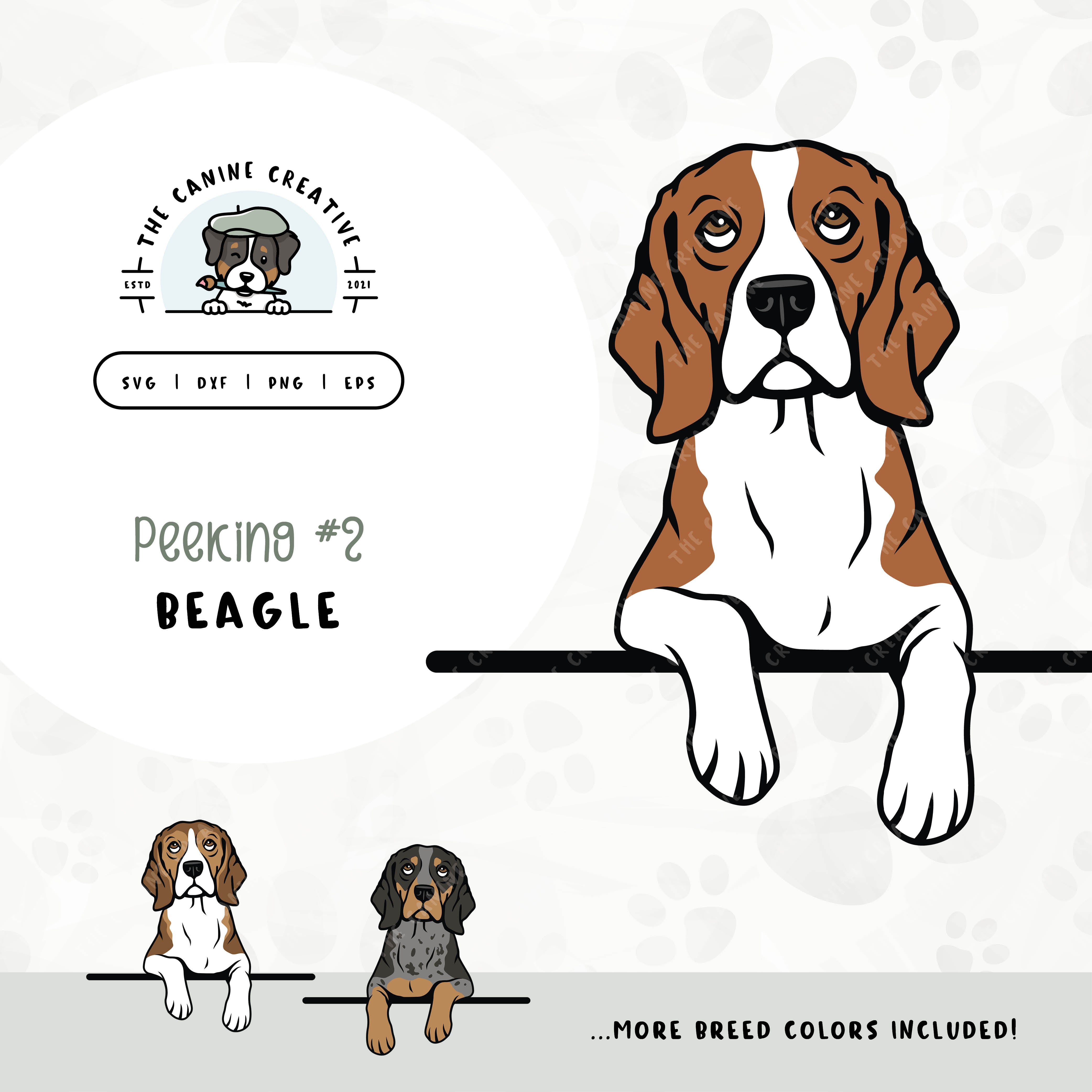 This illustrated dog design features a peeking Beagle. File formats include: SVG, DXF, PNG, and EPS.