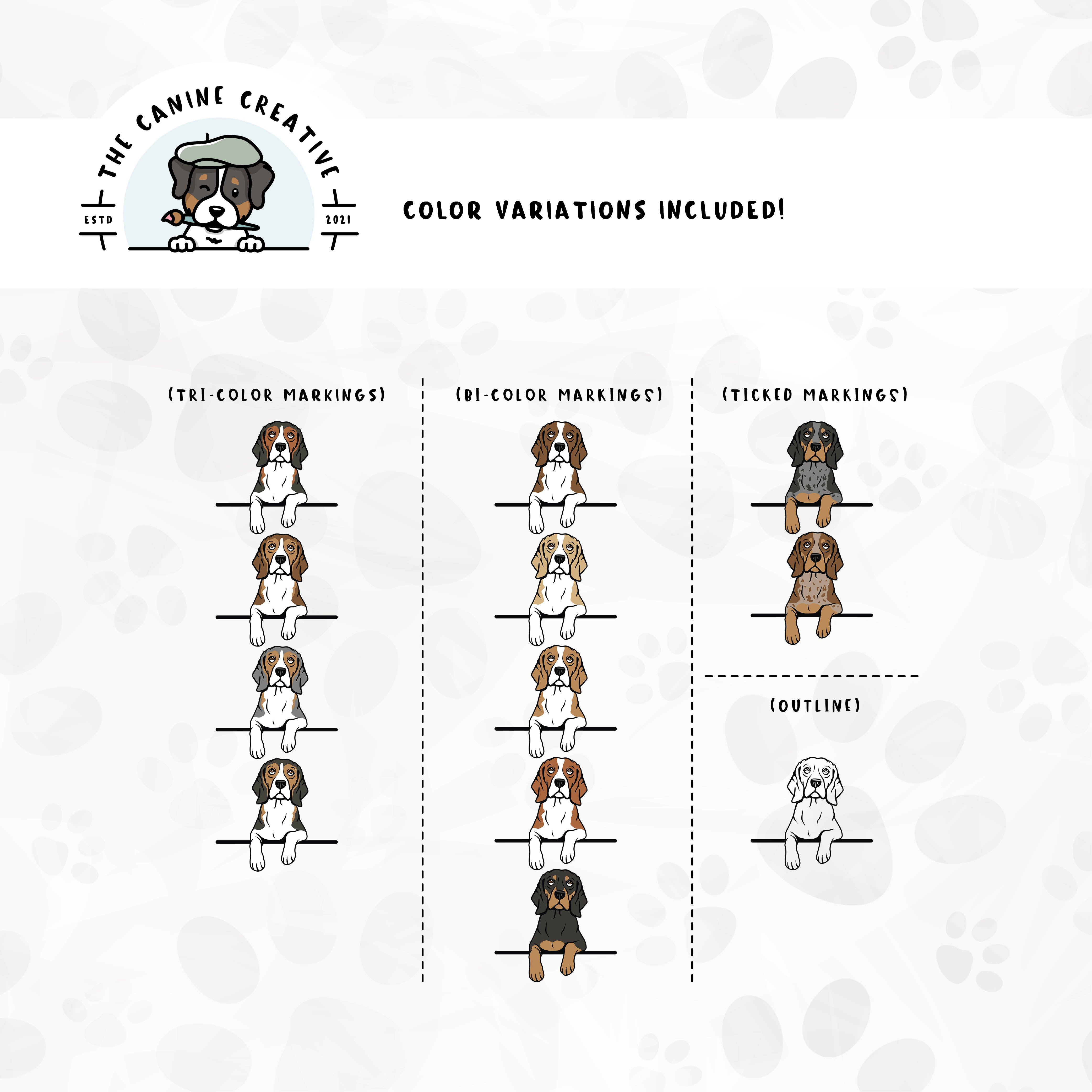 Dog color variations for this design set includes common color and marking variations found in Beagles (bi-color, tri-color, and ticked), as well as an outline option. 