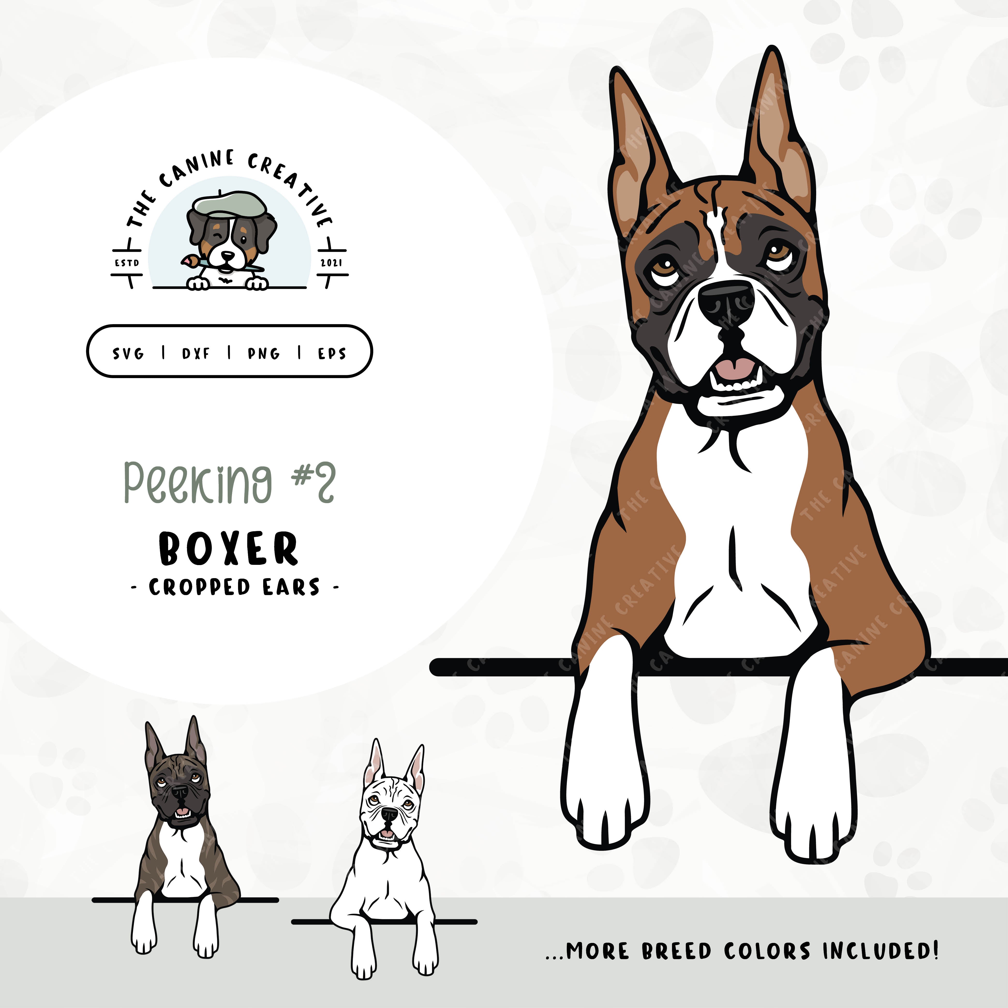 This illustrated design features a peeking Boxer dog with cropped ears. File formats include: SVG, DXF, PNG, and EPS.