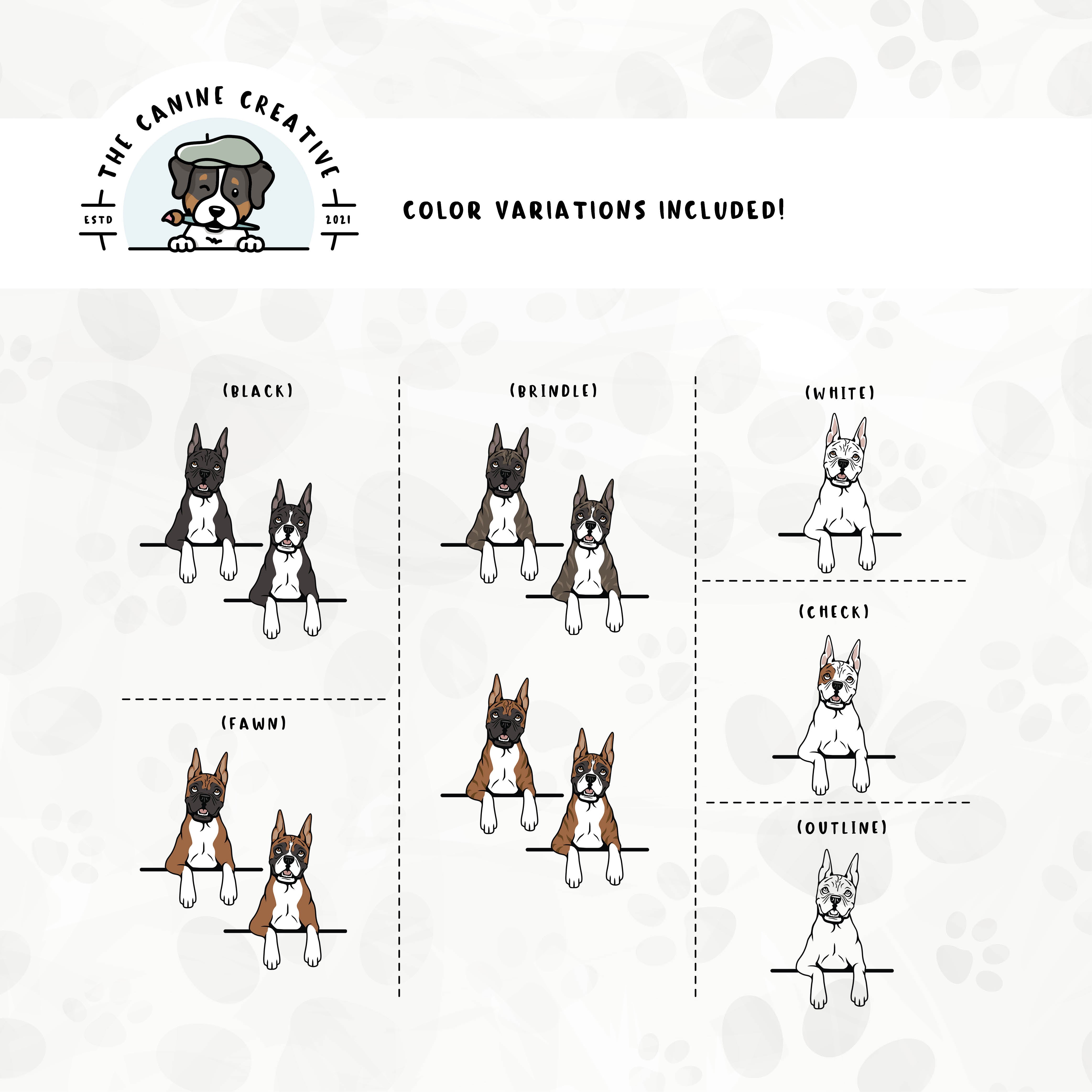 Dog color variations for this Boxer dog design set includes common color and marking variations found in this breed (white, fawn, black, brindle, flashy, classic, and check), as well as an outline option.